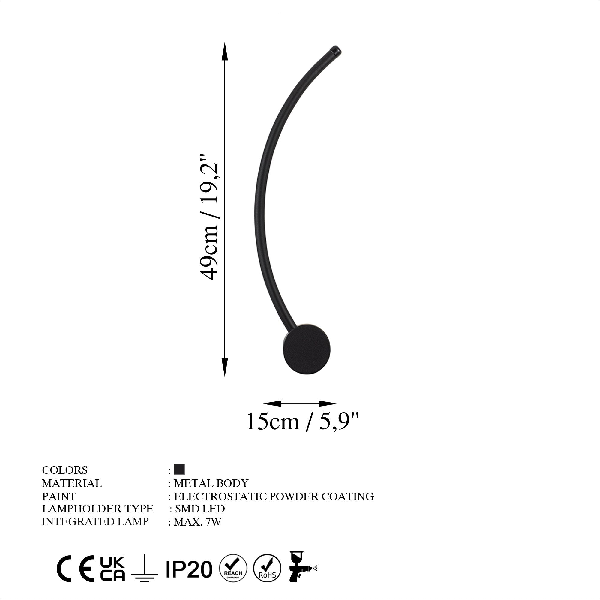 Candeeiro de Parede preta elegante, corpo de metal, 49 x 15 x 10 cm | LED SMD 7W 3000K | Classificação IP20, perfeita para decoração moderna e iluminação ambiente