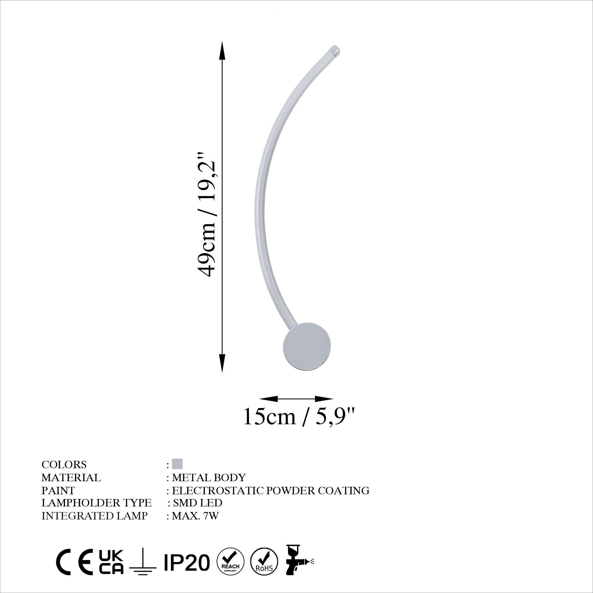 Candeeiro de Parede cinza elegante, corpo de metal, 49 x 15 x 10 cm | LED SMD 7W 3000K | Classificação IP20 | Perfeito para decoração moderna e iluminação ambiente