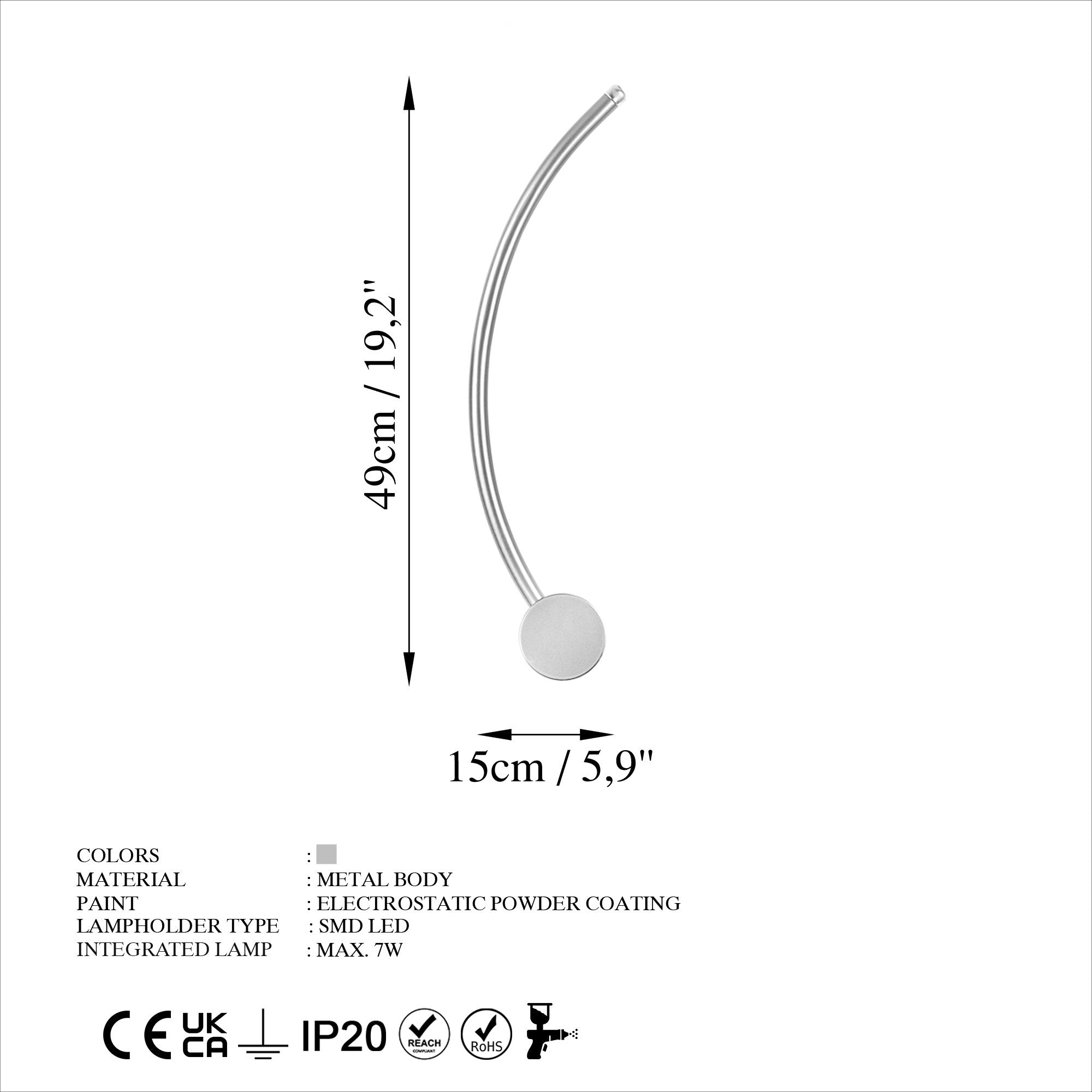 Candeeiro de Parede cromada elegante, corpo de metal, 49 x 15 x 10 cm | LED SMD 7W 3000K | Classificação IP20, perfeita para decoração moderna e iluminação ambiente