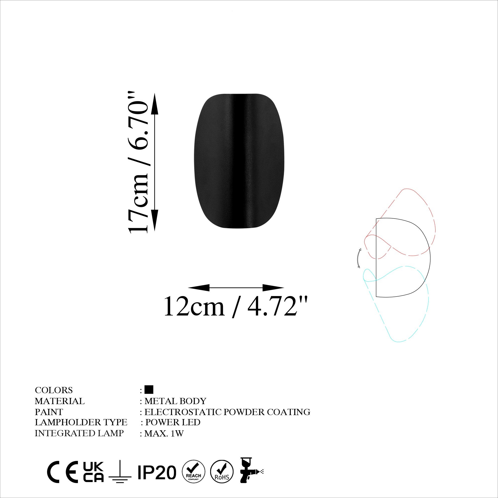 Luminária de parede preta elegante, corpo de metal, 17x12x13 cm | IP20, LED 1W 3000K | Ideal para decoração moderna e iluminação ambiente