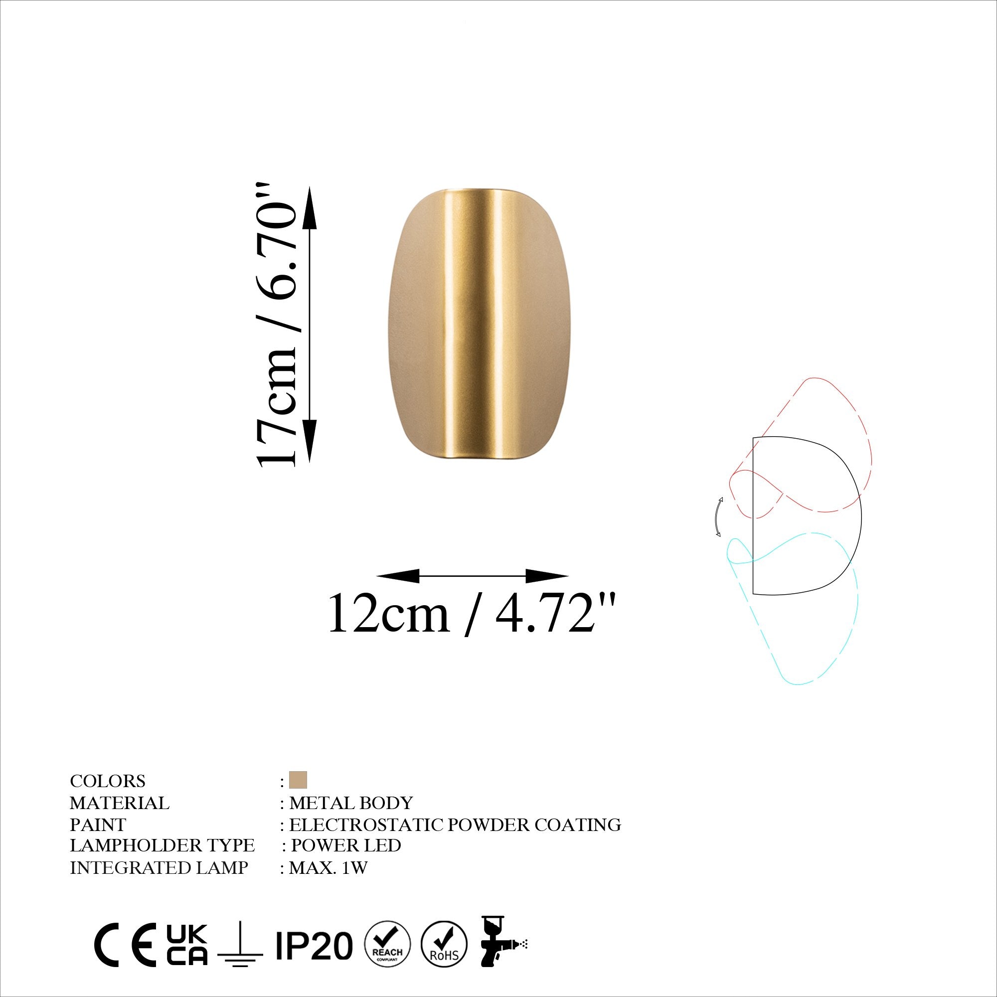 Luminária de Parede Elegante Dourada, Corpo em Metal, 17x12x13 cm | IP20, LED 1W 3000K | Iluminação Elegante para Decoração e Ambiente Modernos