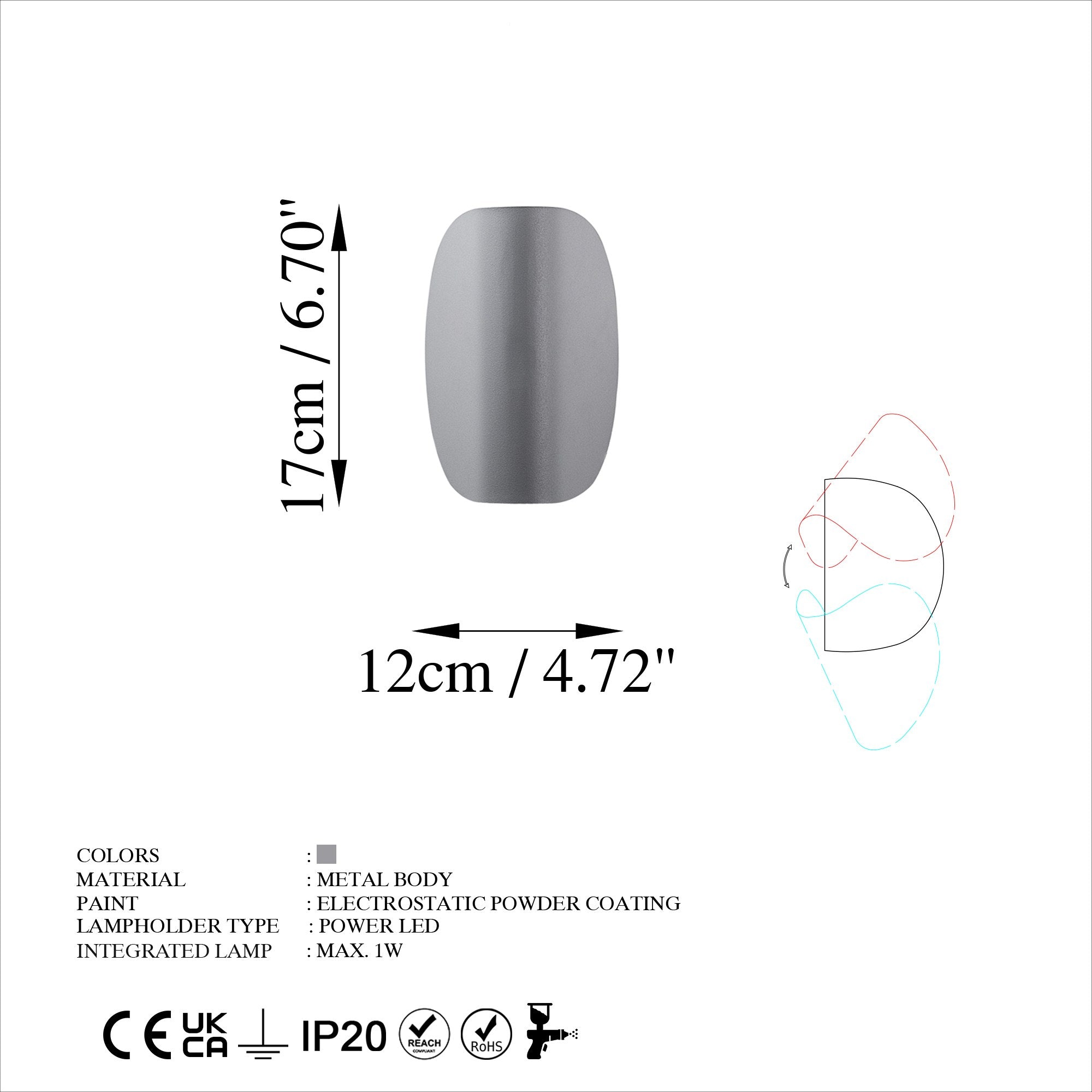 Luminária de parede cinza elegante, corpo de metal, 17x12x13 cm | IP20, LED 1W 3000K | Ideal para decoração moderna e iluminação ambiente