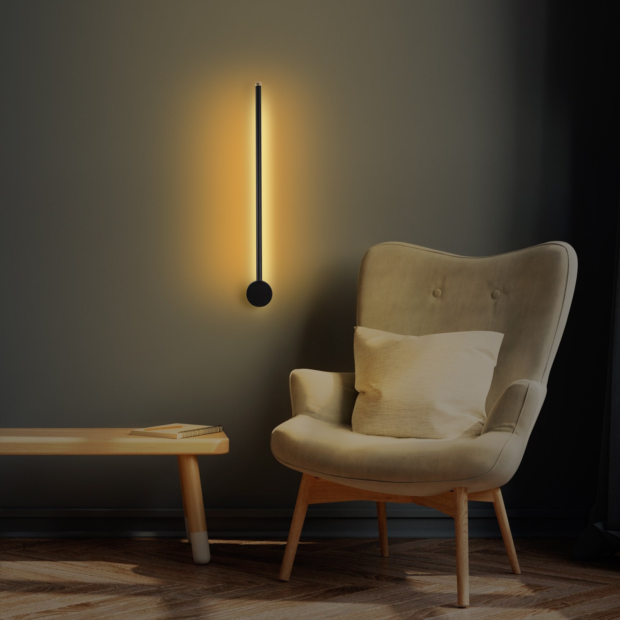 Candeeiro de Parede preta elegante, corpo de metal, 62 x 10 x 7 cm | LED SMD 8W 3000K | Classificação IP20, perfeita para decoração moderna e iluminação ambiente