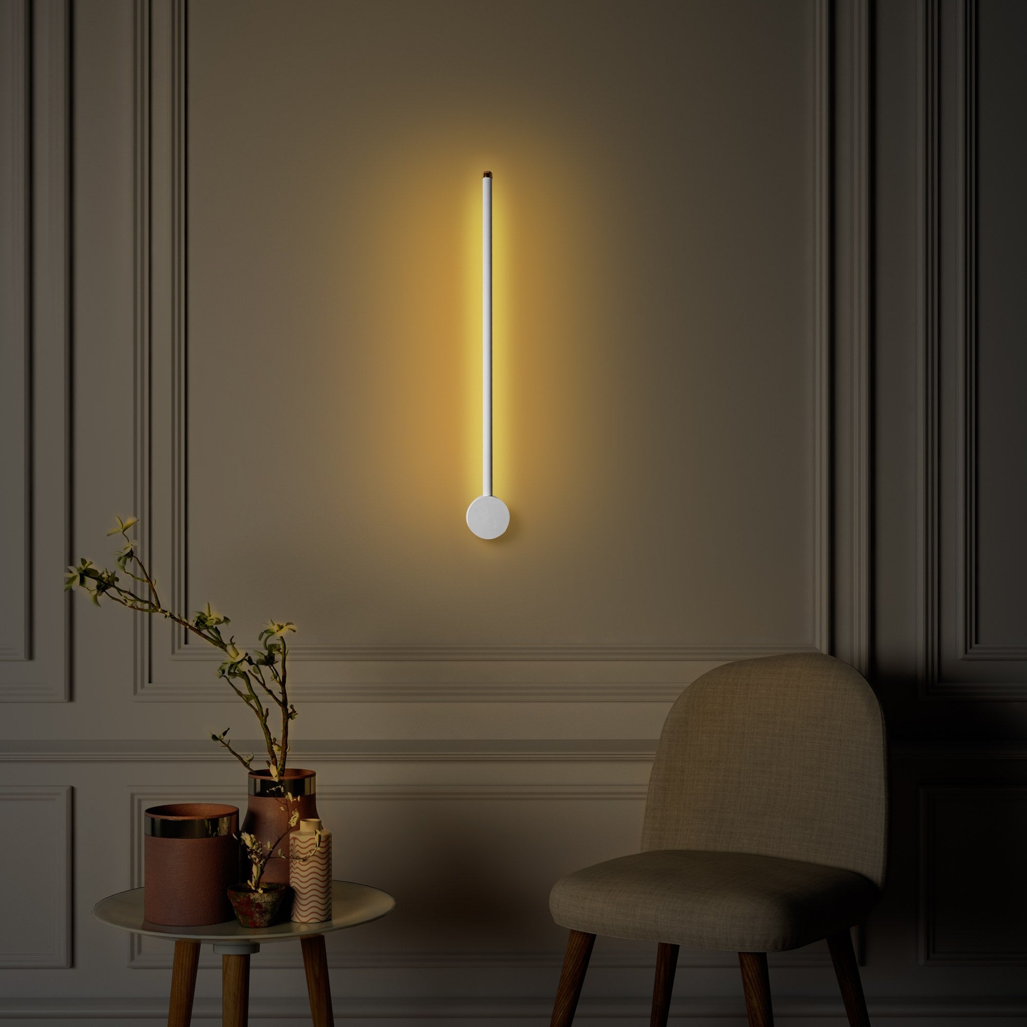 Candeeiro de Parede estilosa, corpo de metal, 62 cm de largura, 10 cm de altura, 7 cm de profundidade | LED 8W 3000K | Design branco elegante para iluminação moderna de casa e escritório