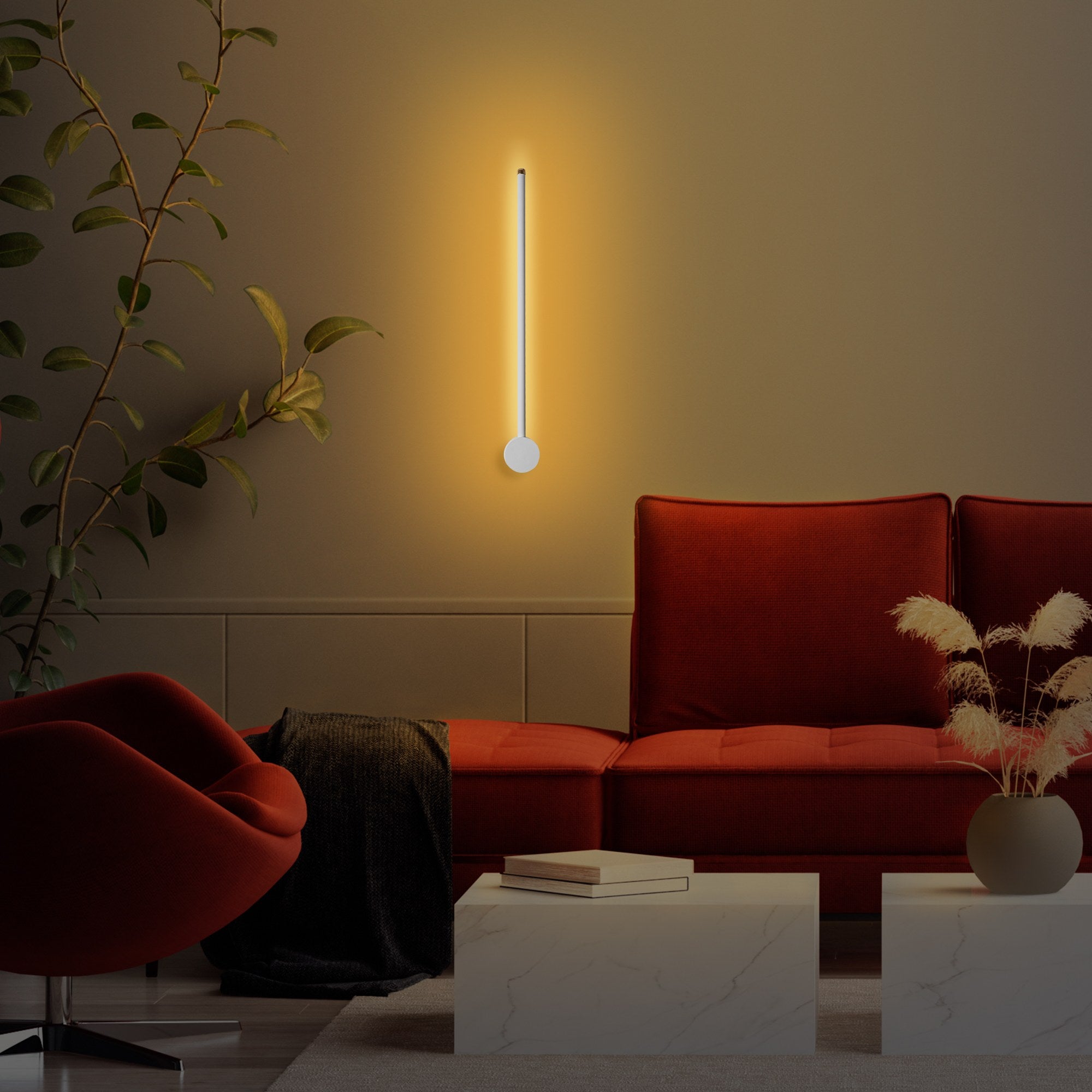 Candeeiro de Parede estilosa, corpo de metal, 62 cm de largura, 10 cm de altura, 7 cm de profundidade | LED 8W 3000K | Design branco elegante para iluminação moderna de casa e escritório