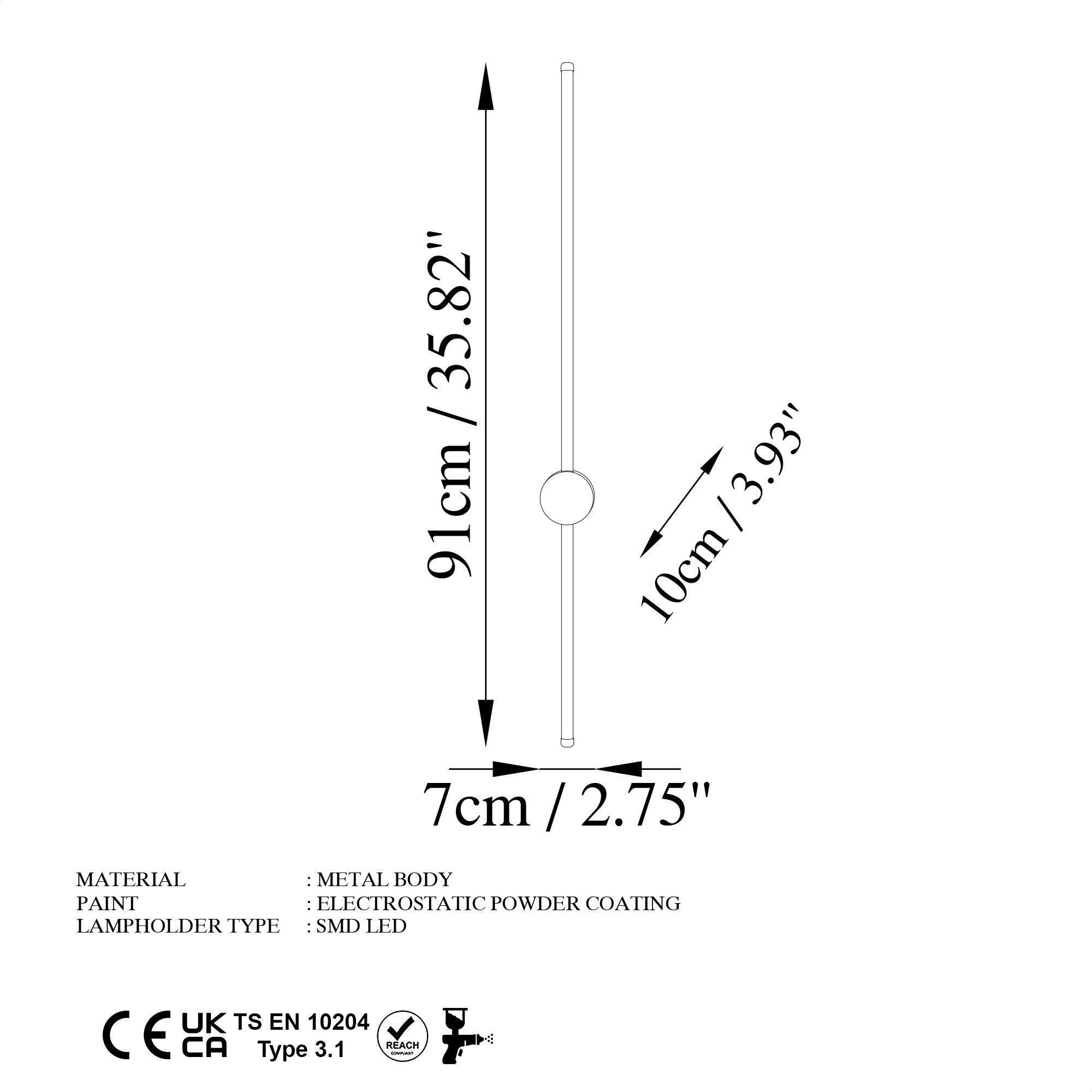 Candeeiro de Parede preta elegante, corpo de metal, 91 x 10 x 7 cm | LED SMD 13 W 3000 K | Classificação IP20, perfeita para decoração moderna e iluminação ambiente