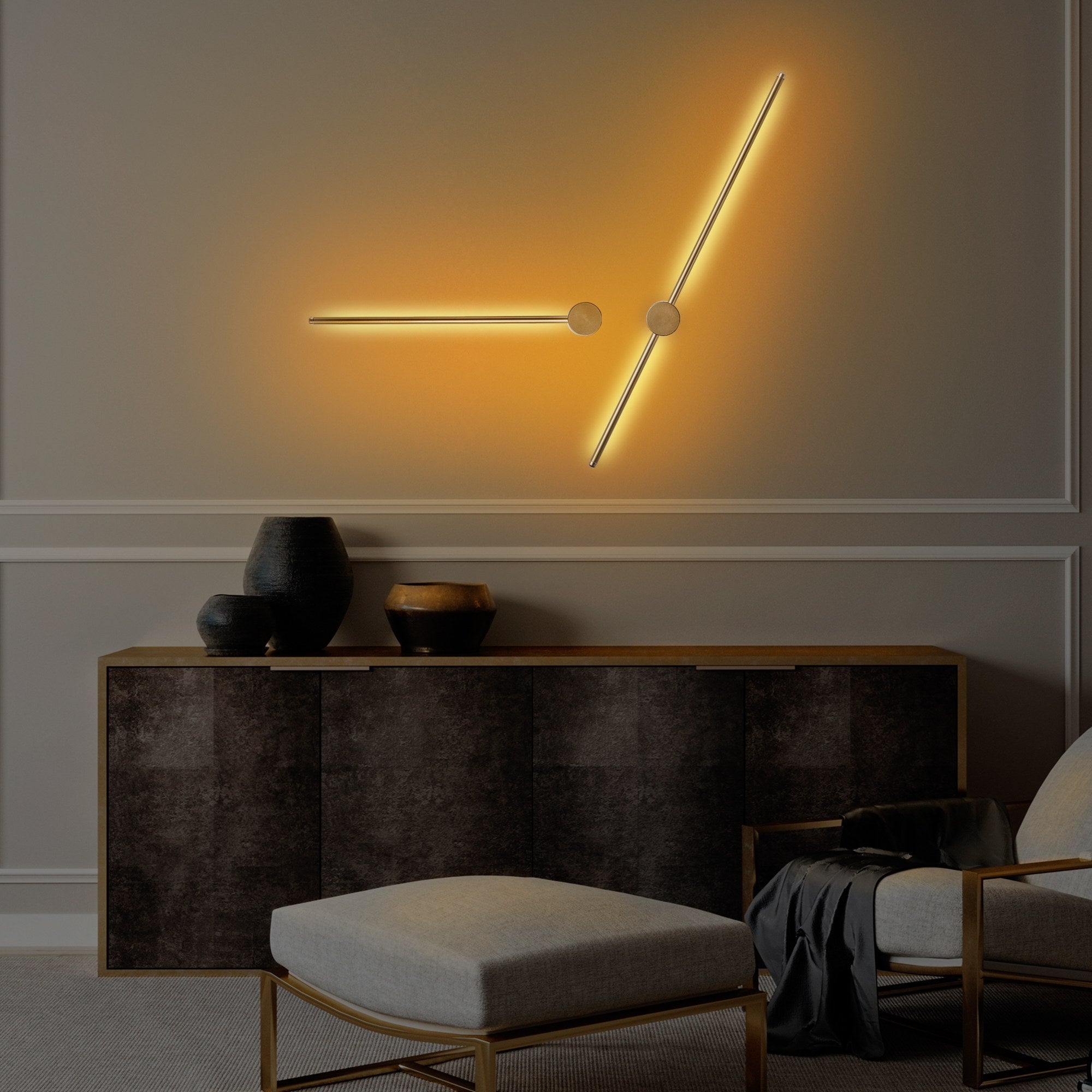Candeeiro de Parede Elegante Dourada, Corpo em Metal, 91x10x7 cm e 62x10x7 cm | LED 13W e 8W, IP20 | Iluminação Elegante para Decoração e Ambiente Modernos