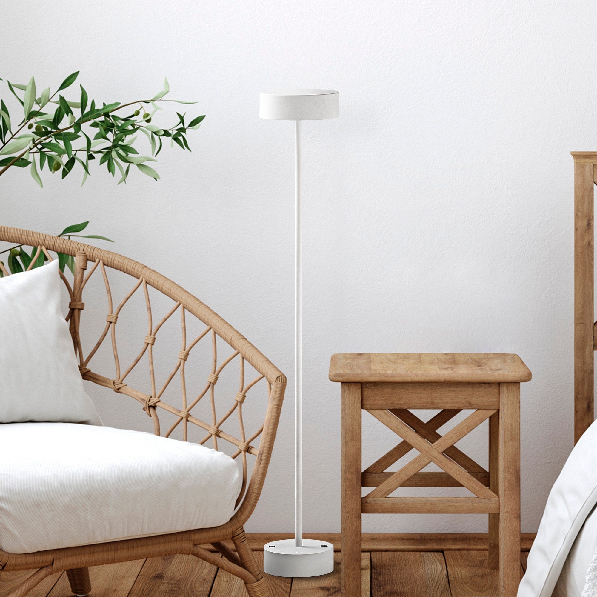 Candeeiro de Pé branca elegante, corpo de metal, 111 cm de altura, 16 cm de diâmetro | LED de 5 W, 3000 K, bateria com duração de 8 horas | Perfeita para decoração e iluminação de casa moderna