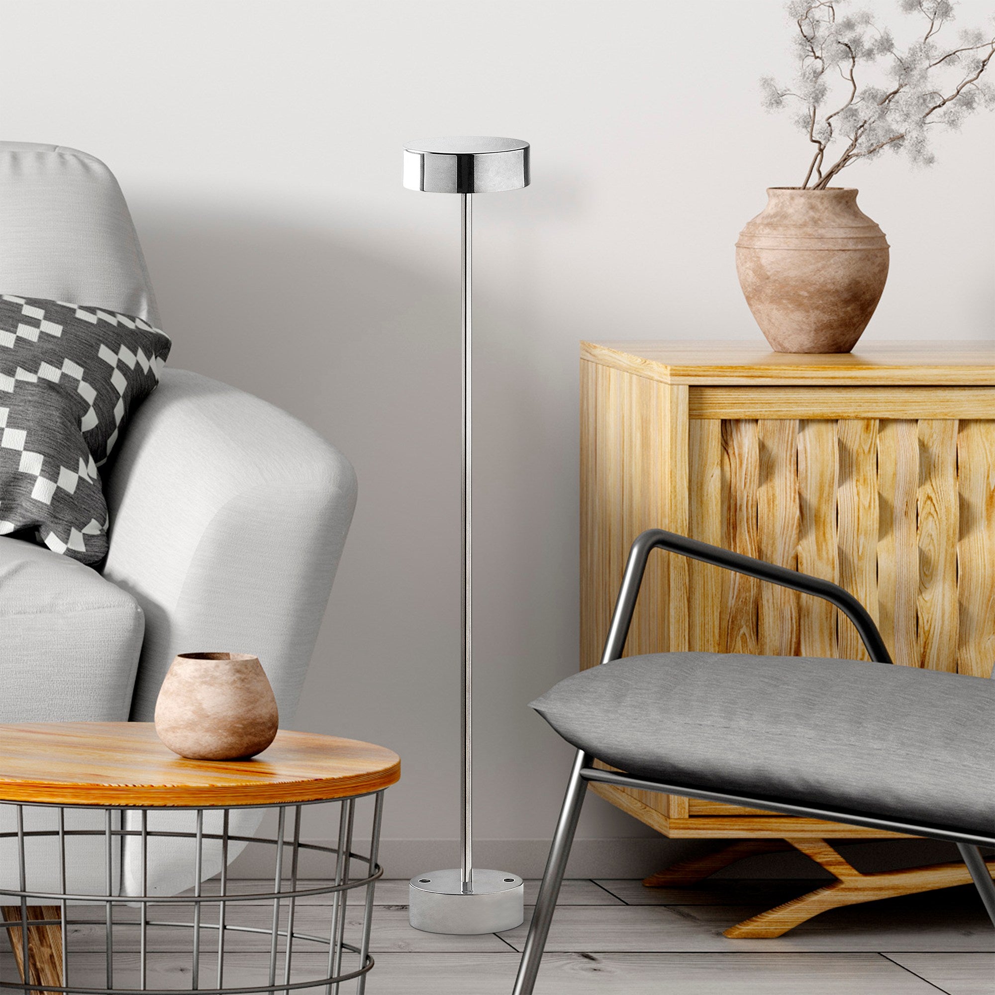 Candeeiro de Pé cromada e estilosa, 111 cm de altura, 16 cm de diâmetro | Corpo de metal, LED de 5 W, 3000 K | Bateria com duração de 8 horas, perfeita para ambientes modernos