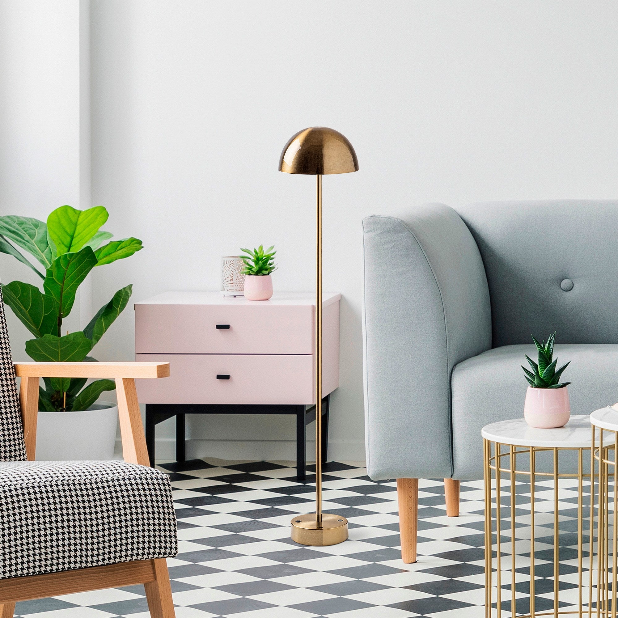 Candeeiro de Pé dourada elegante, corpo de metal, 115 cm de altura, 20 cm de diâmetro, 80 CRI, LED de 5 W, bateria com duração de 8 horas, perfeita para decoração e ambiente modernos