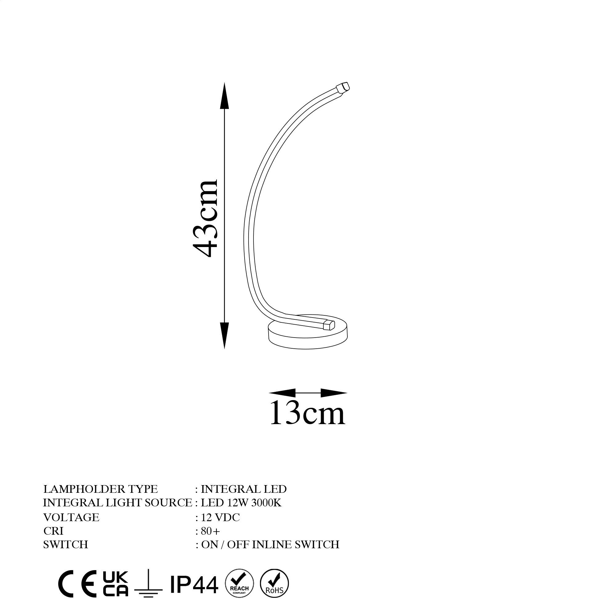 Candeeiro de Mesa Elegante Preta, Corpo de Metal, 43 cm de Altura, 18 cm de Largura, LED 12W 3000K | Interruptor Liga/Desliga, Cabo de 200 cm | Perfeito para Decoração Moderna