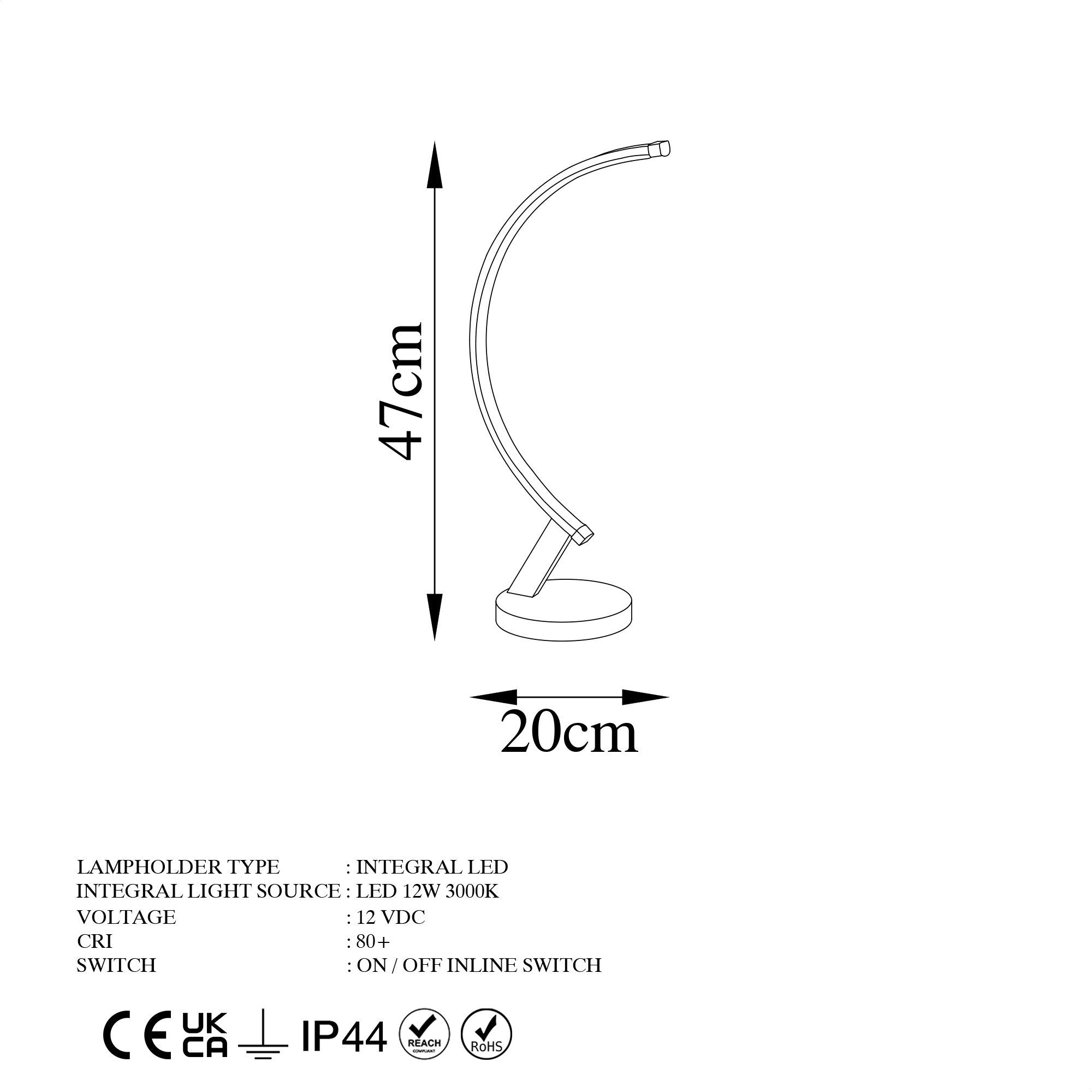 Candeeiro de Mesa Elegante Dourada, Corpo em Metal, 47 cm de Altura, Base de 13 cm, Cabo de 200 cm, IRC de 80, LED 12W 3000K | Ideal para Decoração e Iluminação Moderna