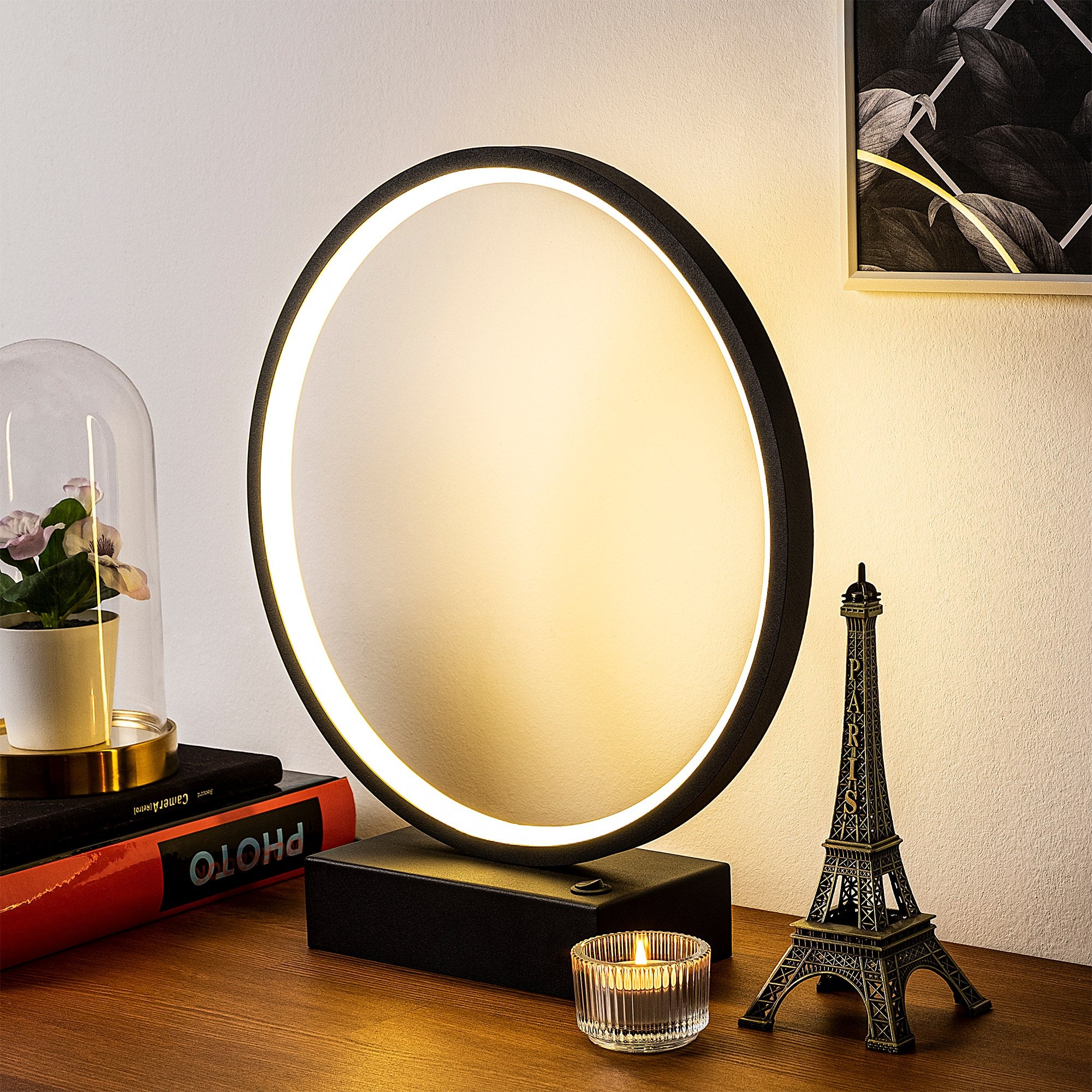 Candeeiro de Mesa preta elegante, corpo de metal, 30 cm x 35 cm x 9 cm | LED de 12 W, 3000 K, 80 CRI | Ideal para decoração moderna de casa e escritório, com interruptor liga/desliga