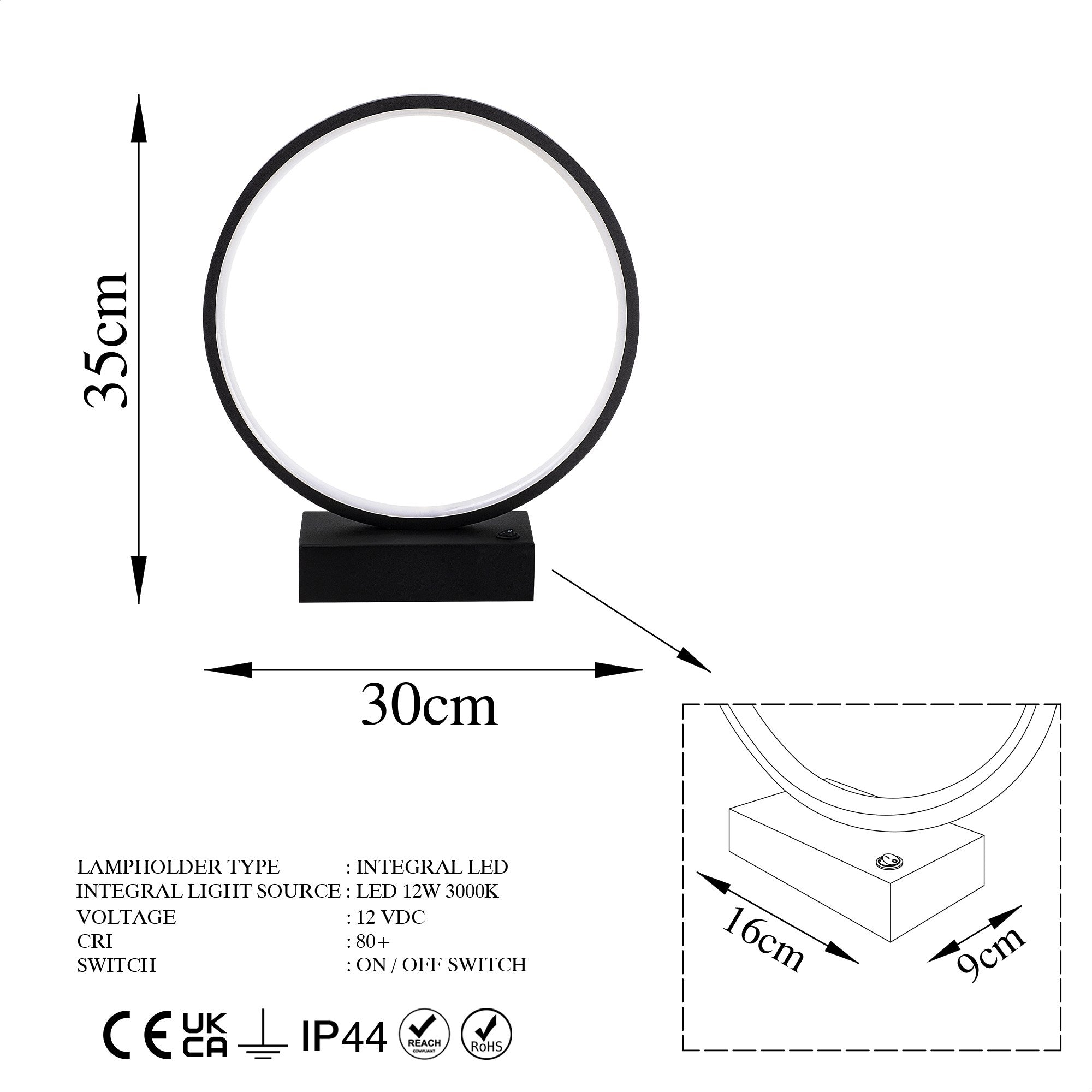 Candeeiro de Mesa preta elegante, corpo de metal, 30 cm x 35 cm x 9 cm | LED de 12 W, 3000 K, 80 CRI | Ideal para decoração moderna de casa e escritório, com interruptor liga/desliga