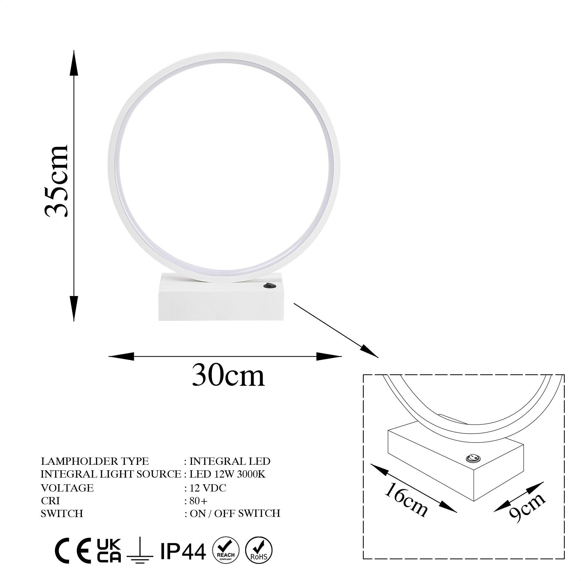 Candeeiro de Mesa Branca Elegante, Corpo de Metal, 30 cm x 35 cm x 9 cm | LED 12W, 3000K, 80 CRI | Ideal para Decoração Moderna de Casa e Escritório, Interruptor Liga/Desliga
