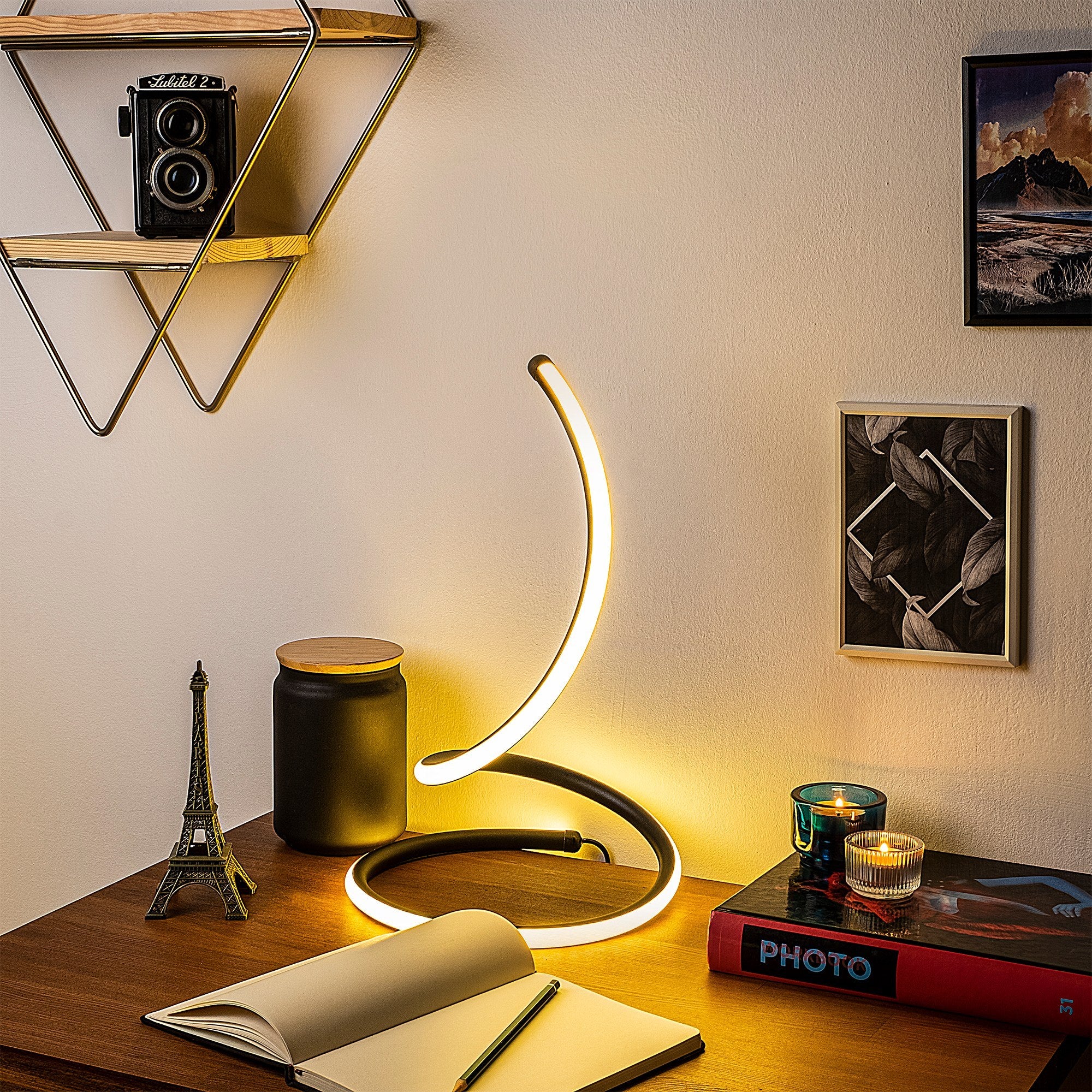 Candeeiro de Mesa Preta Elegante, Corpo de Metal, 25 cm de Diâmetro, 40 cm de Altura | Interruptor Liga/Desliga, 80 CRI, LED 12W 3000K | Ideal para Decoração e Iluminação Moderna