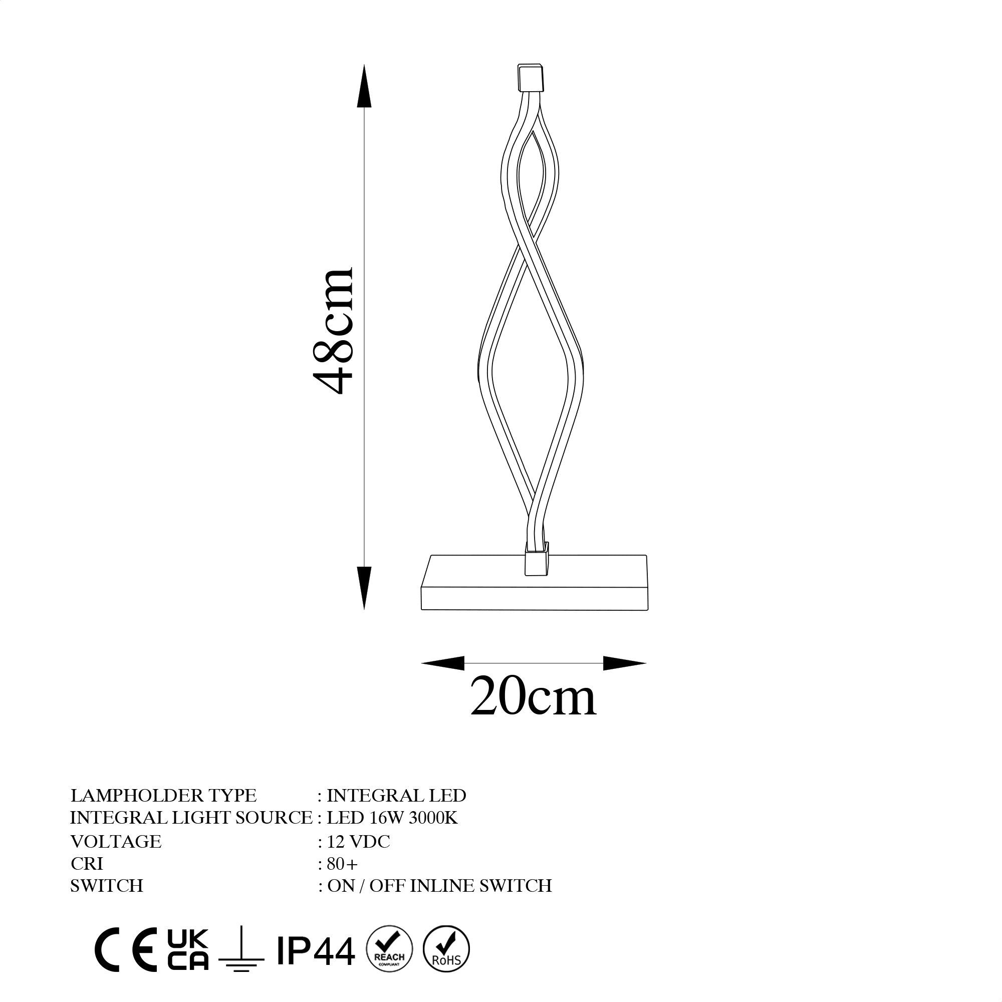 Candeeiro de Mesa Elegante Preta, Corpo de Metal, 20x48x12 cm | LED 12W 3000K, 80 CRI | Interruptor Liga/Desliga, Cabo de 200 cm | Perfeito para Decoração Moderna de Casa e Escritório