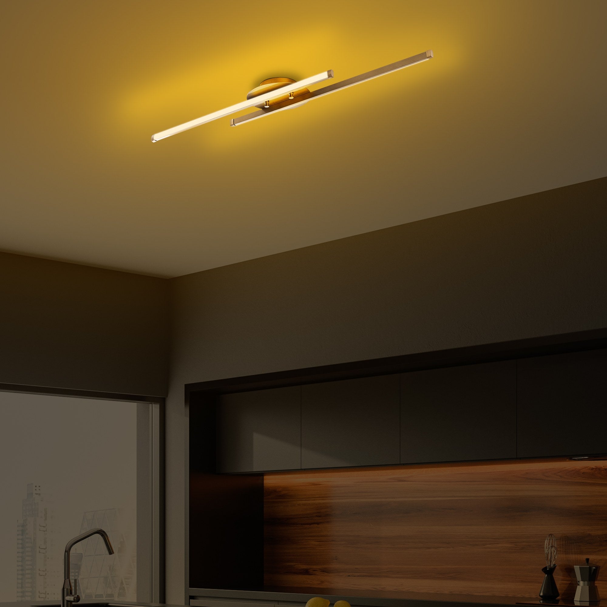 Candeeiro de Teto Dourado Elegante, Corpo em Metal, 86 x 5 x 17 cm | LED Integral 16W 3000K | Iluminação Elegante para Decoração e Ambiente Modernos