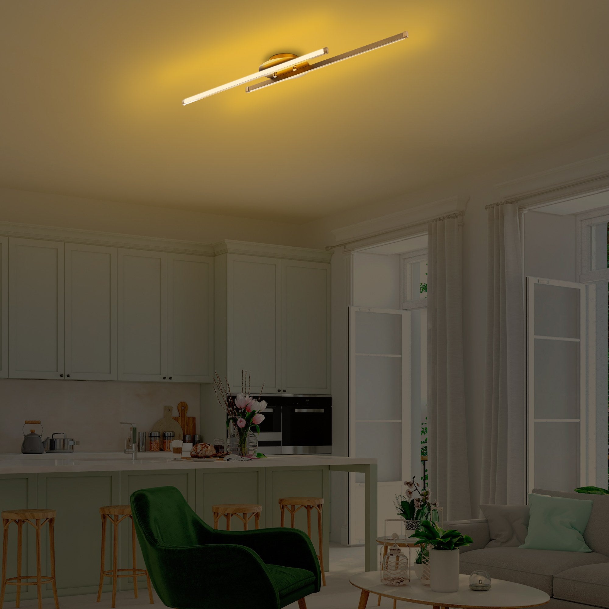 Candeeiro de Teto Dourado Elegante, Corpo em Metal, 86 x 5 x 17 cm | LED Integral 16W 3000K | Iluminação Elegante para Decoração e Ambiente Modernos