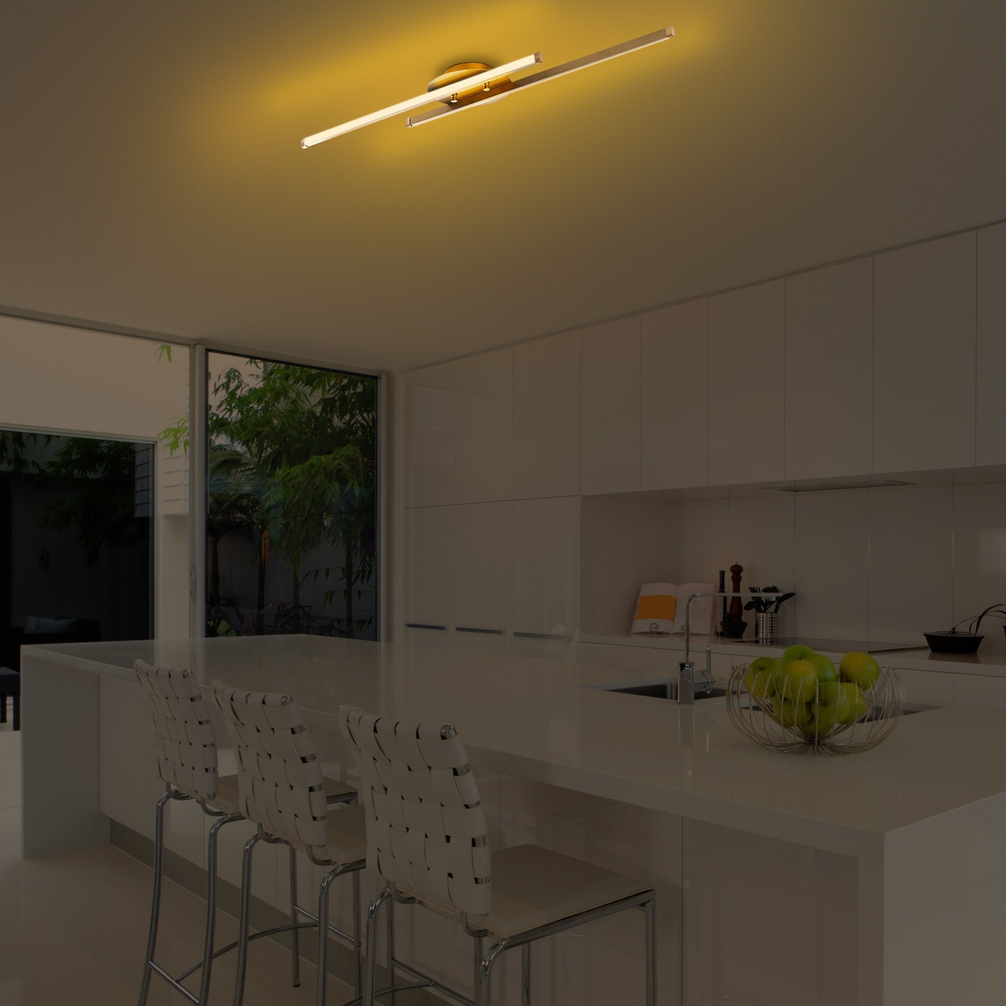 Candeeiro de Teto Dourado Elegante, Corpo em Metal, 86 x 5 x 17 cm | LED Integral 16W 3000K | Iluminação Elegante para Decoração e Ambiente Modernos