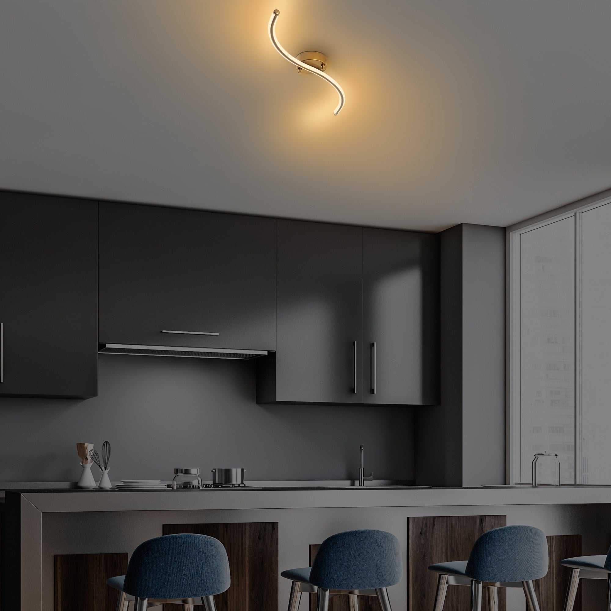 Candeeiro de Teto Dourado Elegante, Corpo em Metal, 67 cm de Largura, 5 cm de Altura, 10 cm de Profundidade | LED Integral 16W 3000K | Iluminação Elegante para Espaços Modernos