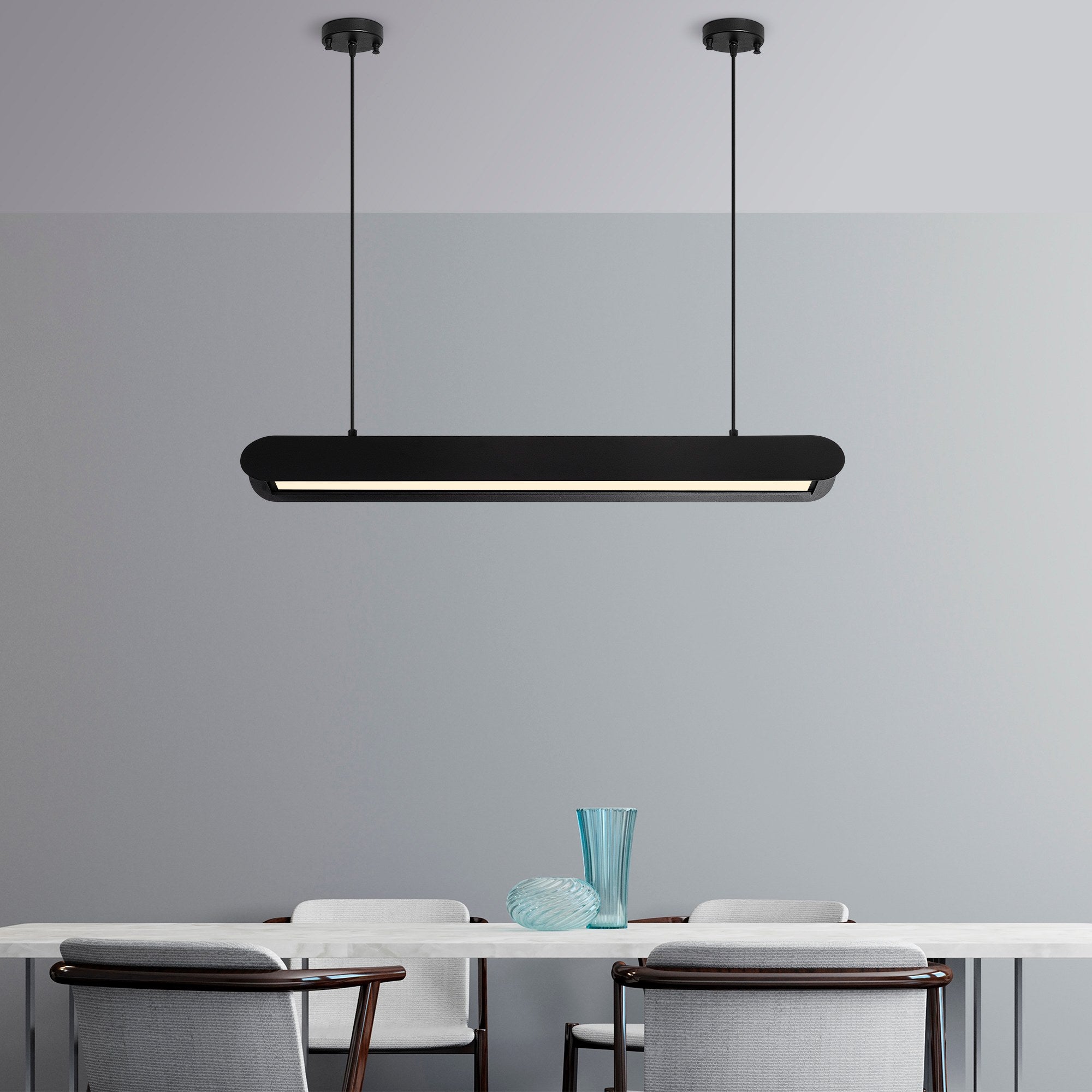 Candeeiro de Teto Preto Elegante, Corpo em Metal, 109 cm de Largura, Altura Ajustável (25-130 cm) | LED SMD 30 W, IP20, Interruptor Liga/Desliga | Perfeito para Espaços Modernos
