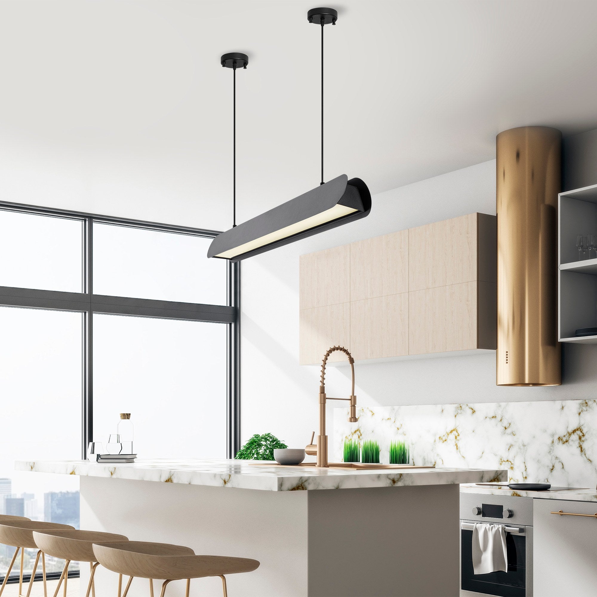 Candeeiro de Teto Preto Elegante, Corpo em Metal, 109 cm de Largura, Altura Ajustável (25-130 cm) | LED SMD 30 W, IP20, Interruptor Liga/Desliga | Perfeito para Espaços Modernos