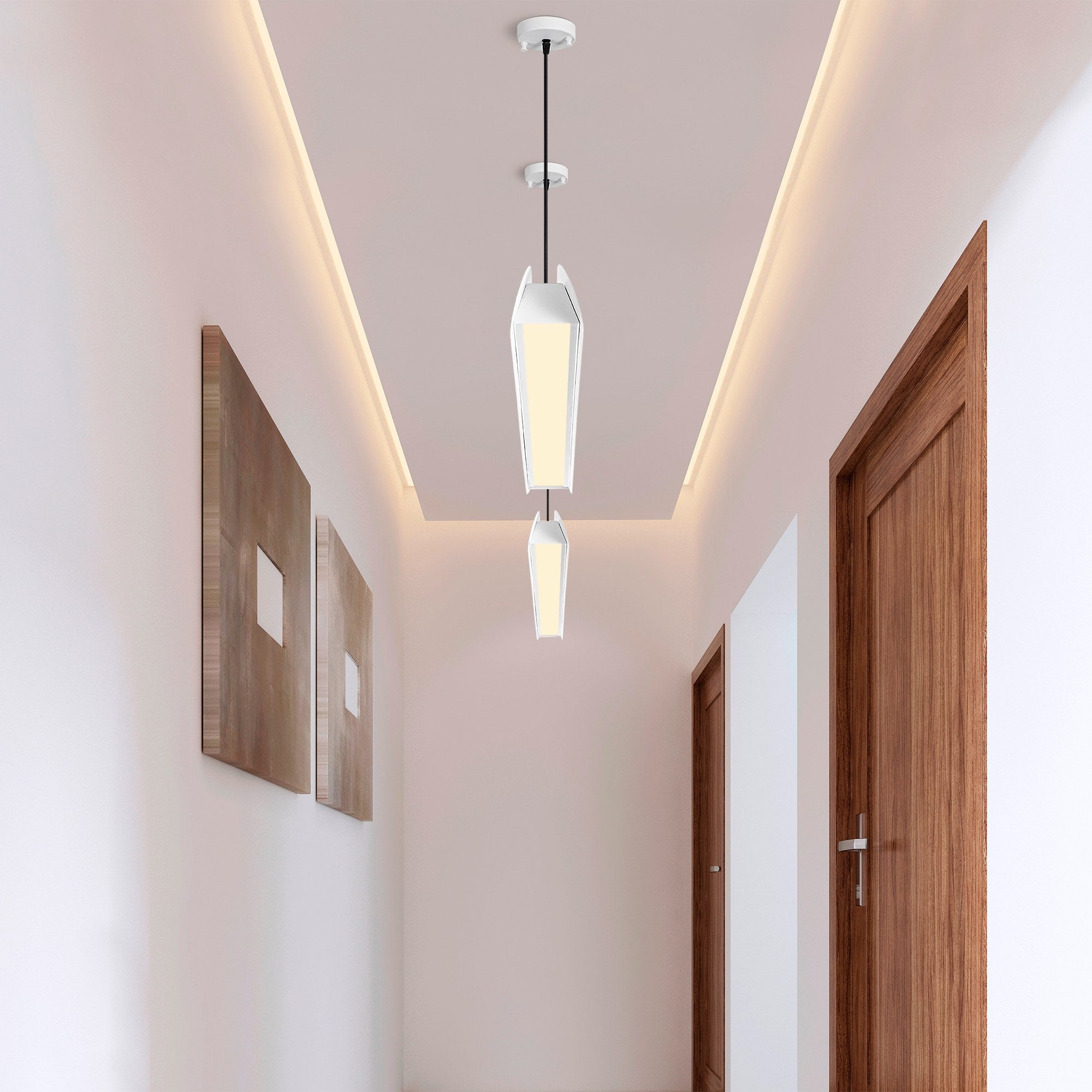 Candeeiro de Teto Branco Elegante, Corpo em Metal, 109 cm de Largura, Altura Ajustável (25-130 cm), LED 30 W, IP20, Interruptor Liga/Desliga | Perfeito para Espaços Modernos
