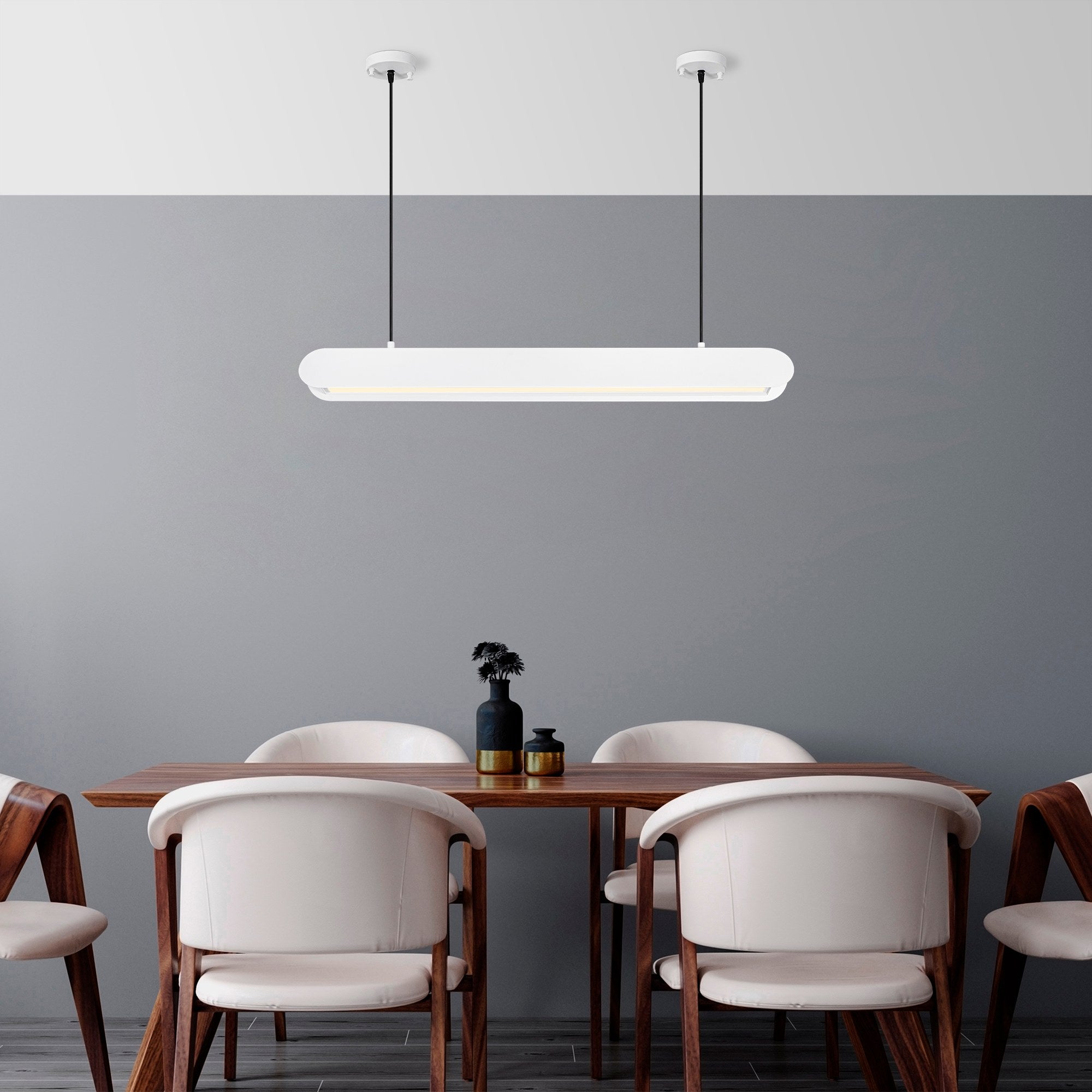 Candeeiro de Teto Branco Elegante, Corpo em Metal, 109 cm de Largura, Altura Ajustável (25-130 cm), LED 30 W, IP20, Interruptor Liga/Desliga | Perfeito para Espaços Modernos