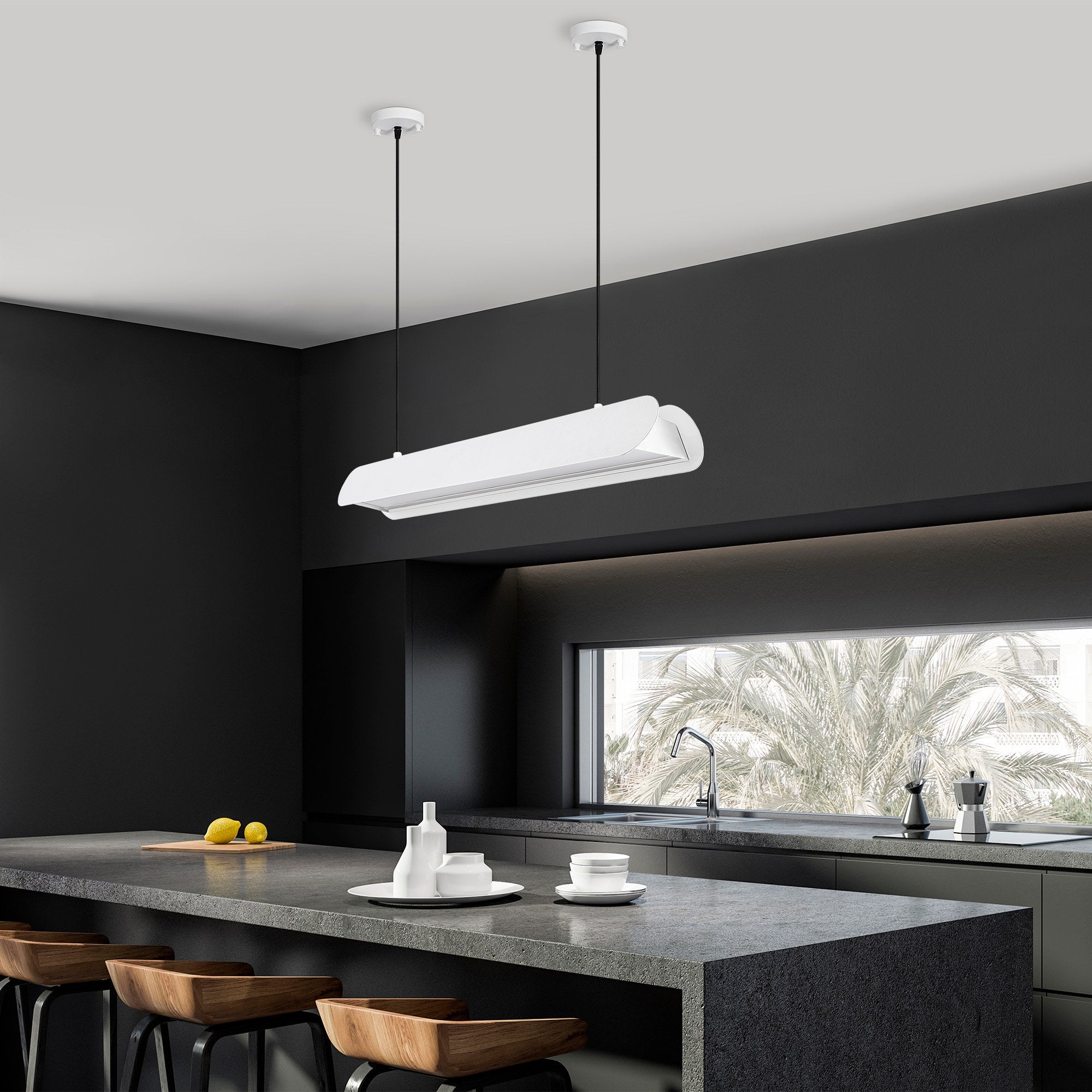 Candeeiro de Teto Branco Elegante, Corpo em Metal, 109 cm de Largura, Altura Ajustável (25-130 cm), LED 30 W, IP20, Interruptor Liga/Desliga | Perfeito para Espaços Modernos