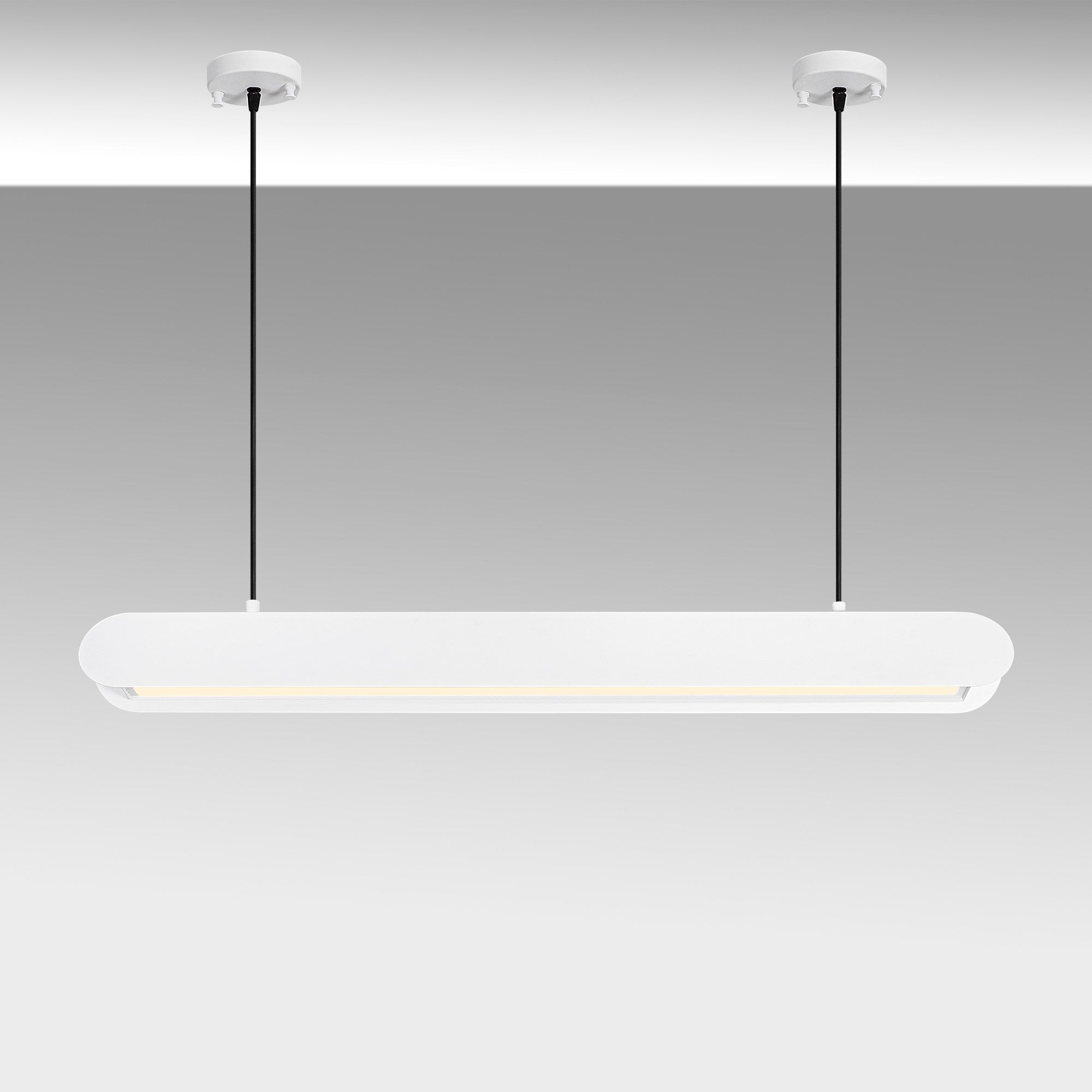 Candeeiro de Teto Branco Elegante, Corpo em Metal, 109 cm de Largura, Altura Ajustável (25-130 cm), LED 30 W, IP20, Interruptor Liga/Desliga | Perfeito para Espaços Modernos