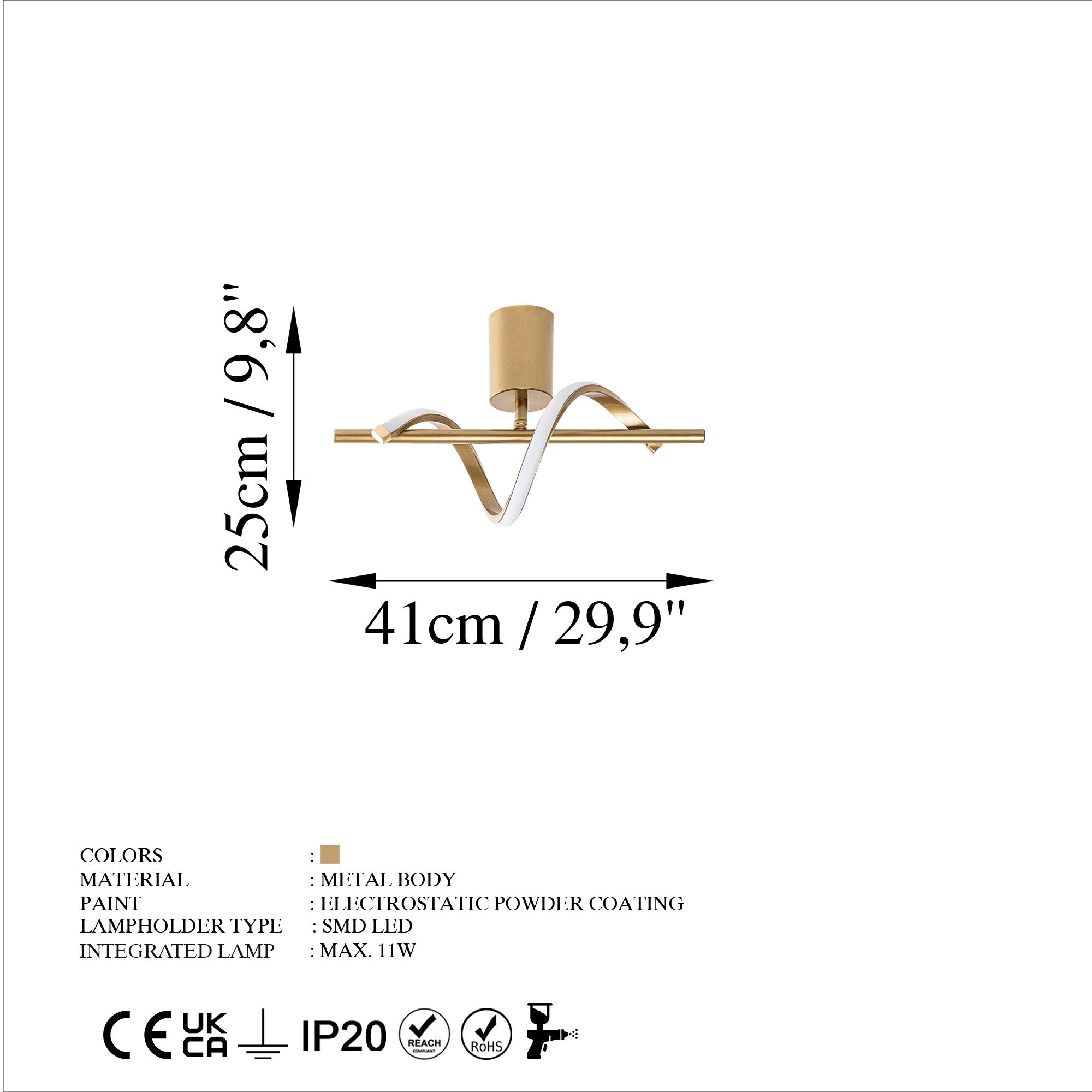 Candeeiro de Teto Dourado Elegante, Corpo em Metal, 41 x 16 x 25 cm | LED SMD 11W 3000K | Iluminação Elegante para Decoração Moderna de Casa e Salas de Jantar