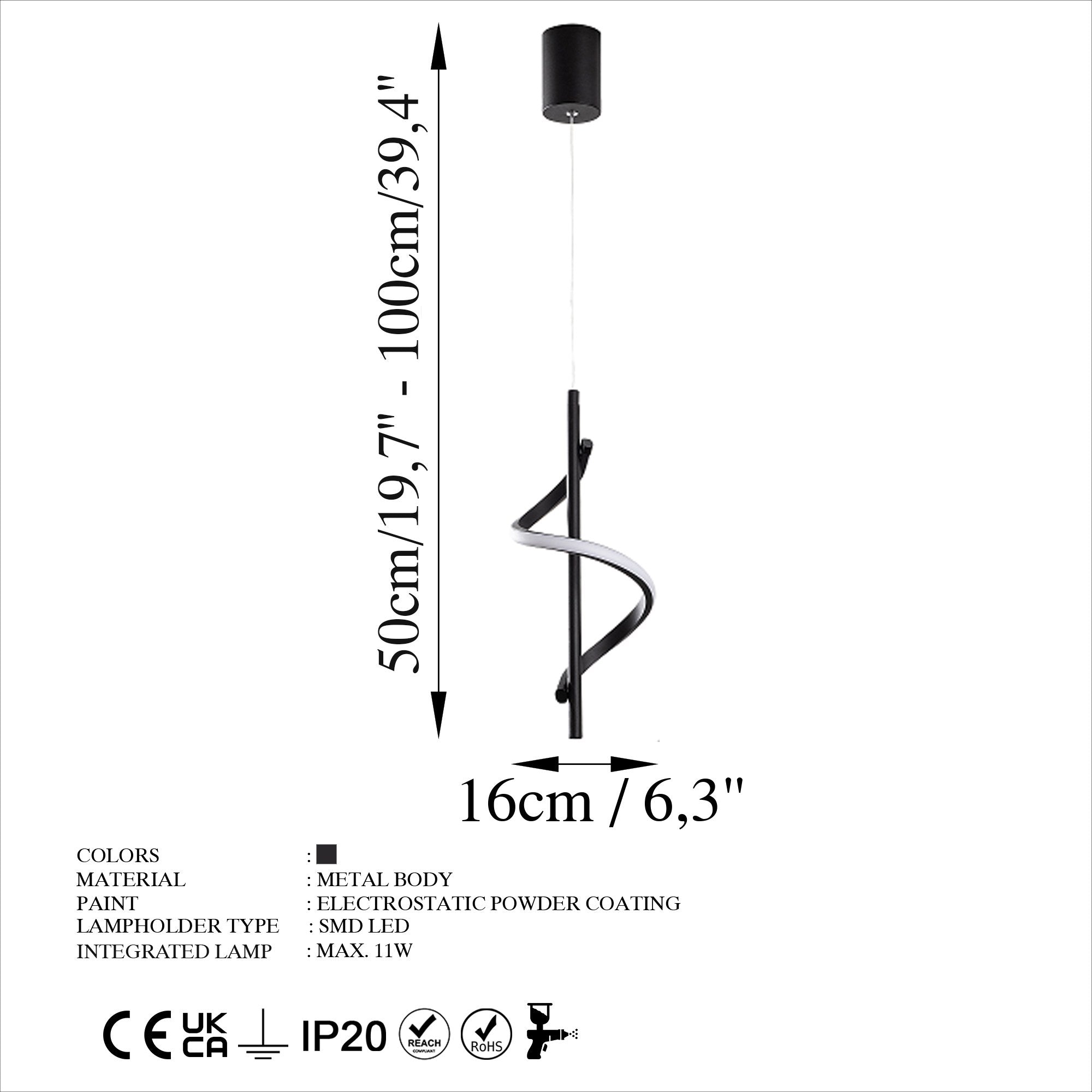 Candeeiro de Teto Preto Elegante, Corpo em Metal, 16 cm de Largura, Altura Ajustável 50-100 cm | LED SMD 11W 3000K | Iluminação Elegante para Espaços Modernos