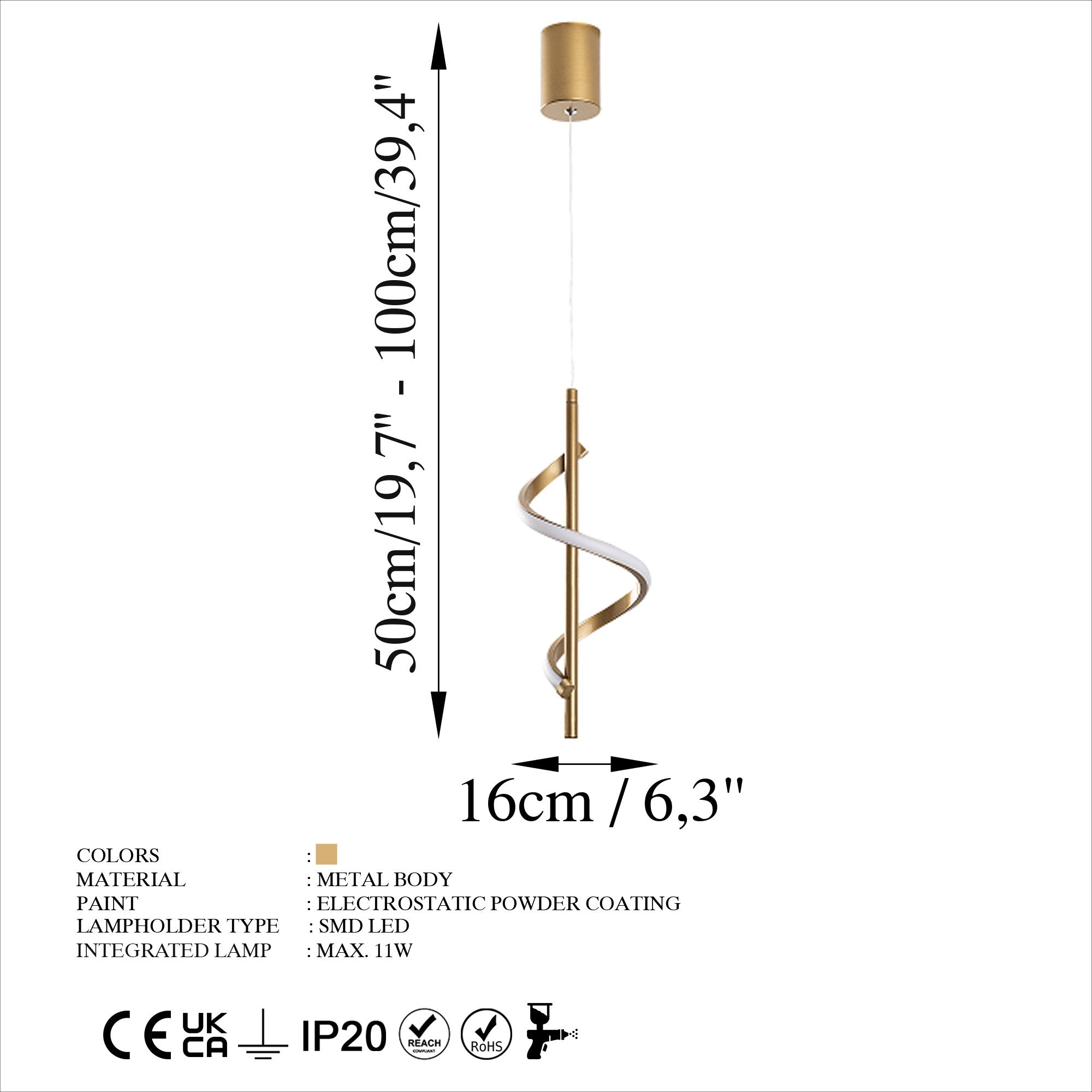 Candeeiro de Teto elegante de ouro, corpo de metal, 16 cm de largura, altura ajustável de 50 a 100 cm, LED 11 W 3000 K, iluminação elegante para decoração moderna de casa e salas de jantar