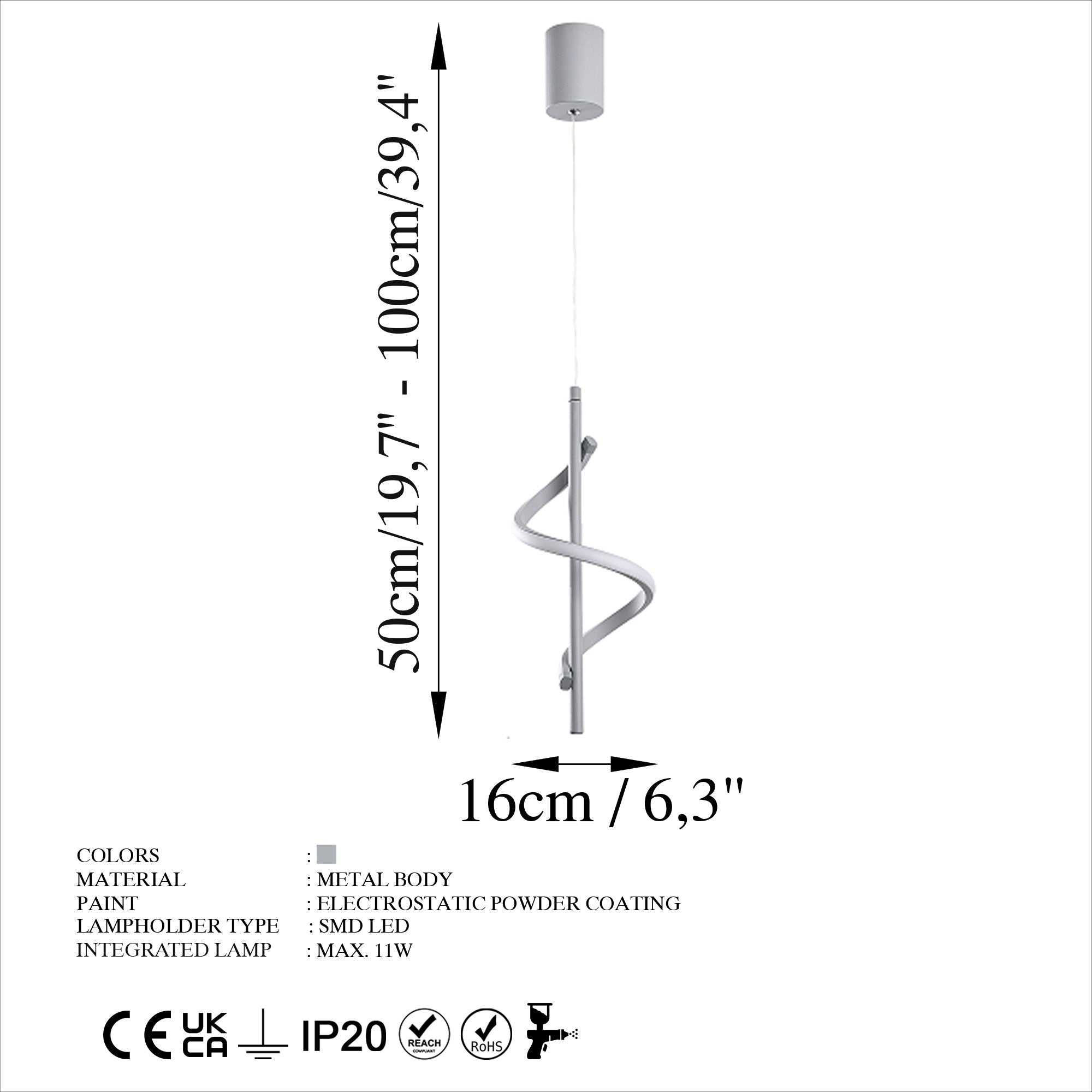 Candeeiro de Teto Cinza Elegante, Corpo de Metal, 16 cm de Largura, 50-100 cm de Altura | LED SMD 11W 3000K | Iluminação Elegante para Espaços Modernos, Classificação IP20
