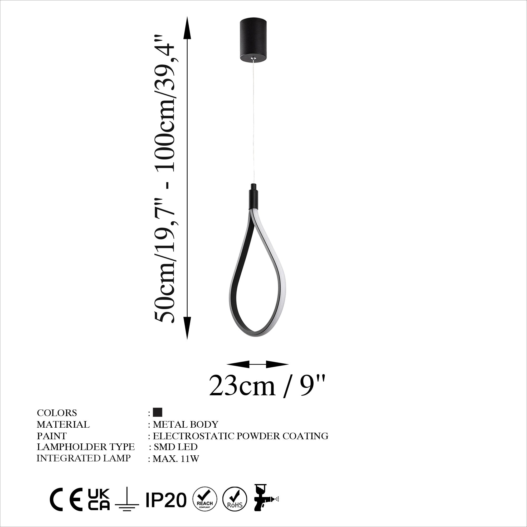 Candeeiro de Teto Preto Elegante, Corpo em Metal, 23 cm de Largura, Altura Ajustável 50-100 cm | LED SMD 11W 3000K | Iluminação Elegante para Espaços Modernos