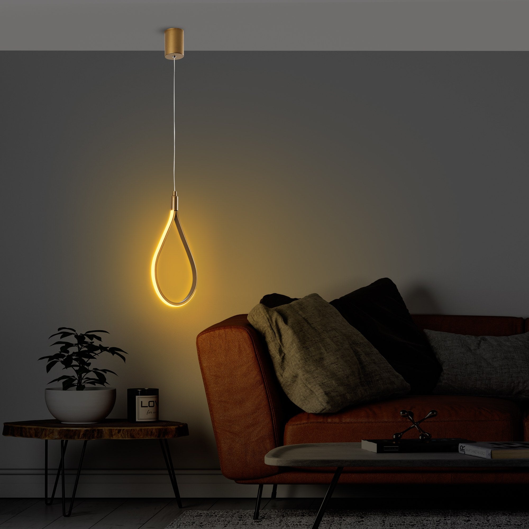 Candeeiro de Teto dourado elegante, corpo de metal, 23 cm de largura, altura ajustável de 50 a 100 cm, LED 11 W 3000 K, iluminação elegante para espaços modernos, classificação IP20.