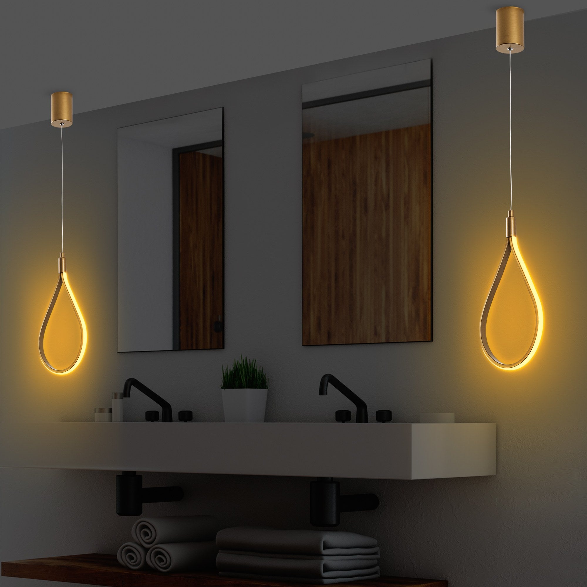 Candeeiro de Teto dourado elegante, corpo de metal, 23 cm de largura, altura ajustável de 50 a 100 cm, LED 11 W 3000 K, iluminação elegante para espaços modernos, classificação IP20.