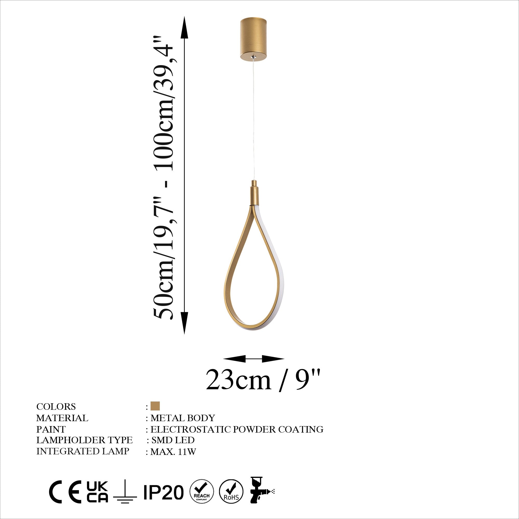 Candeeiro de Teto dourado elegante, corpo de metal, 23 cm de largura, altura ajustável de 50 a 100 cm, LED 11 W 3000 K, iluminação elegante para espaços modernos, classificação IP20.