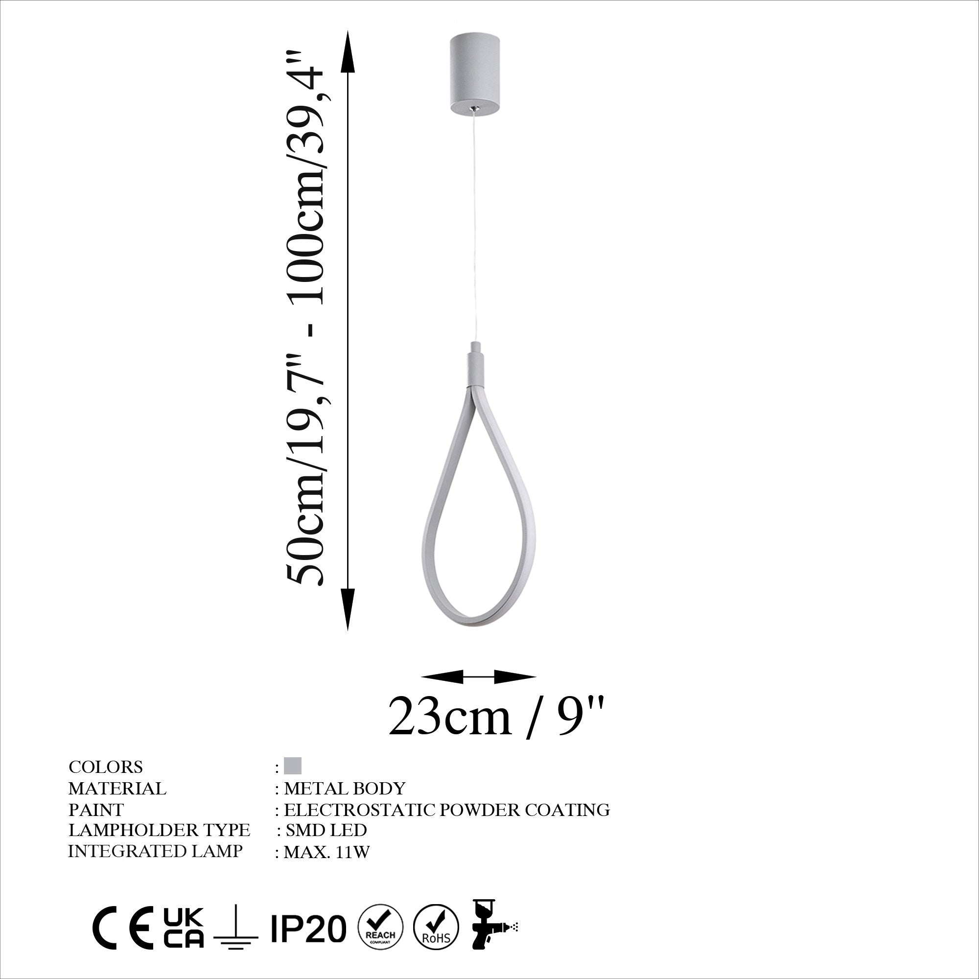 Candeeiro de Teto Cinza Elegante, Corpo em Metal, 23 cm de Largura, Altura Ajustável 50-100 cm | LED SMD 11W 3000K | Iluminação Elegante para Espaços Modernos