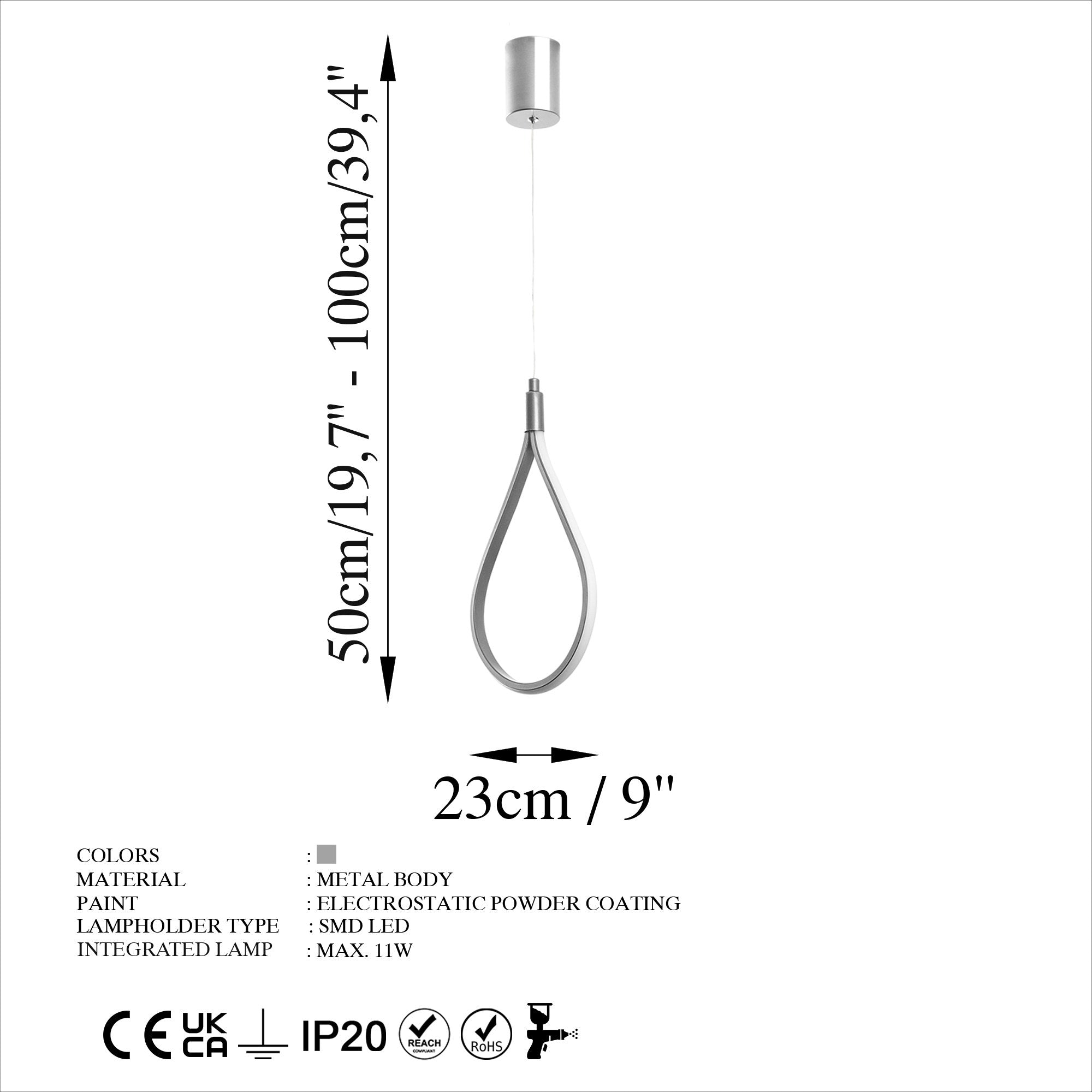 Candeeiro de Teto Cromado Elegante, Corpo em Metal, 23 cm de Largura, Altura Ajustável de 50 a 100 cm | LED SMD 11W 3000K | Iluminação Elegante para Espaços Modernos