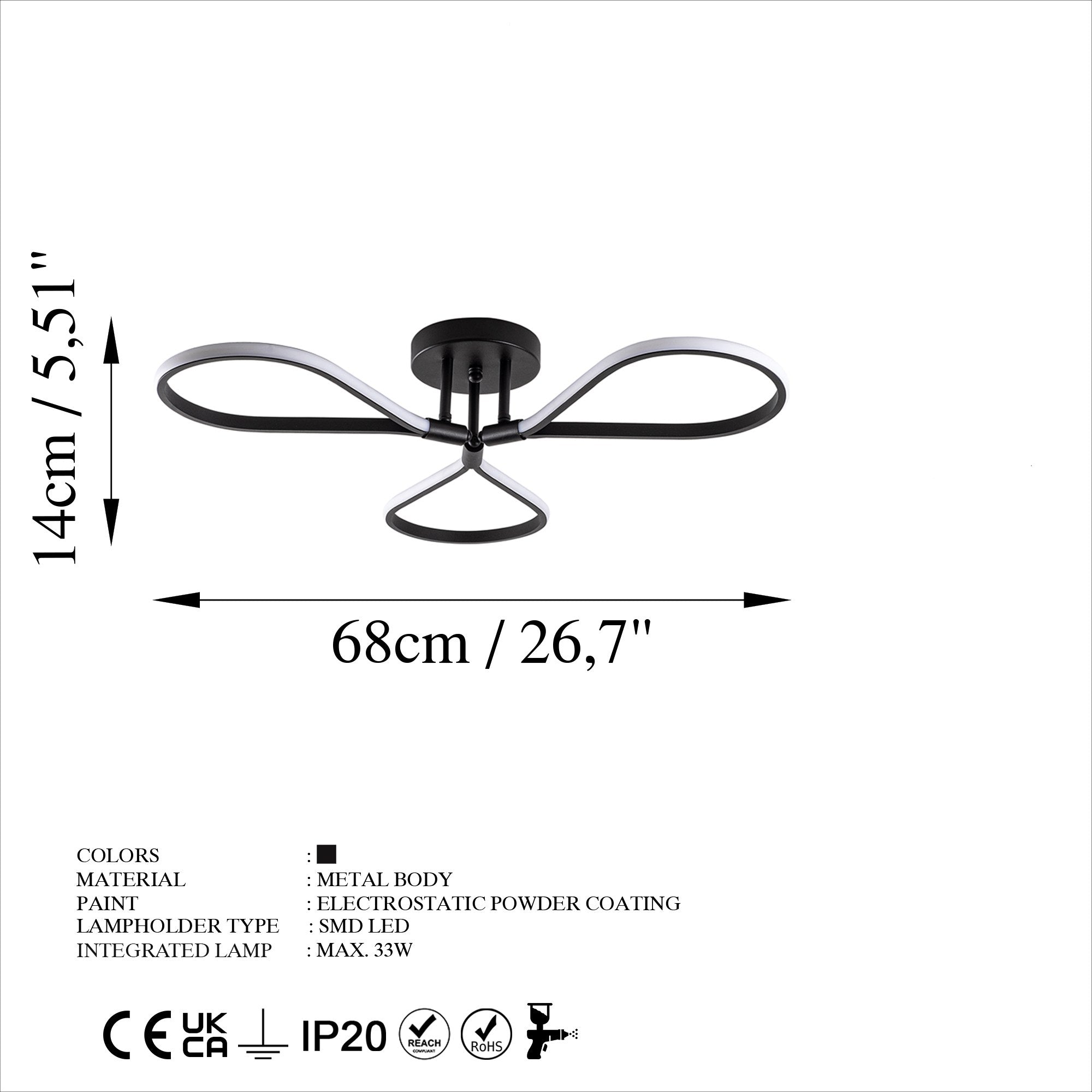 Candeeiro de Teto Preto Elegante, Corpo em Metal, 68 cm de Largura, 14 cm de Altura | LED SMD 3 x 11 W 3000 K | Iluminação Elegante para Decoração Moderna