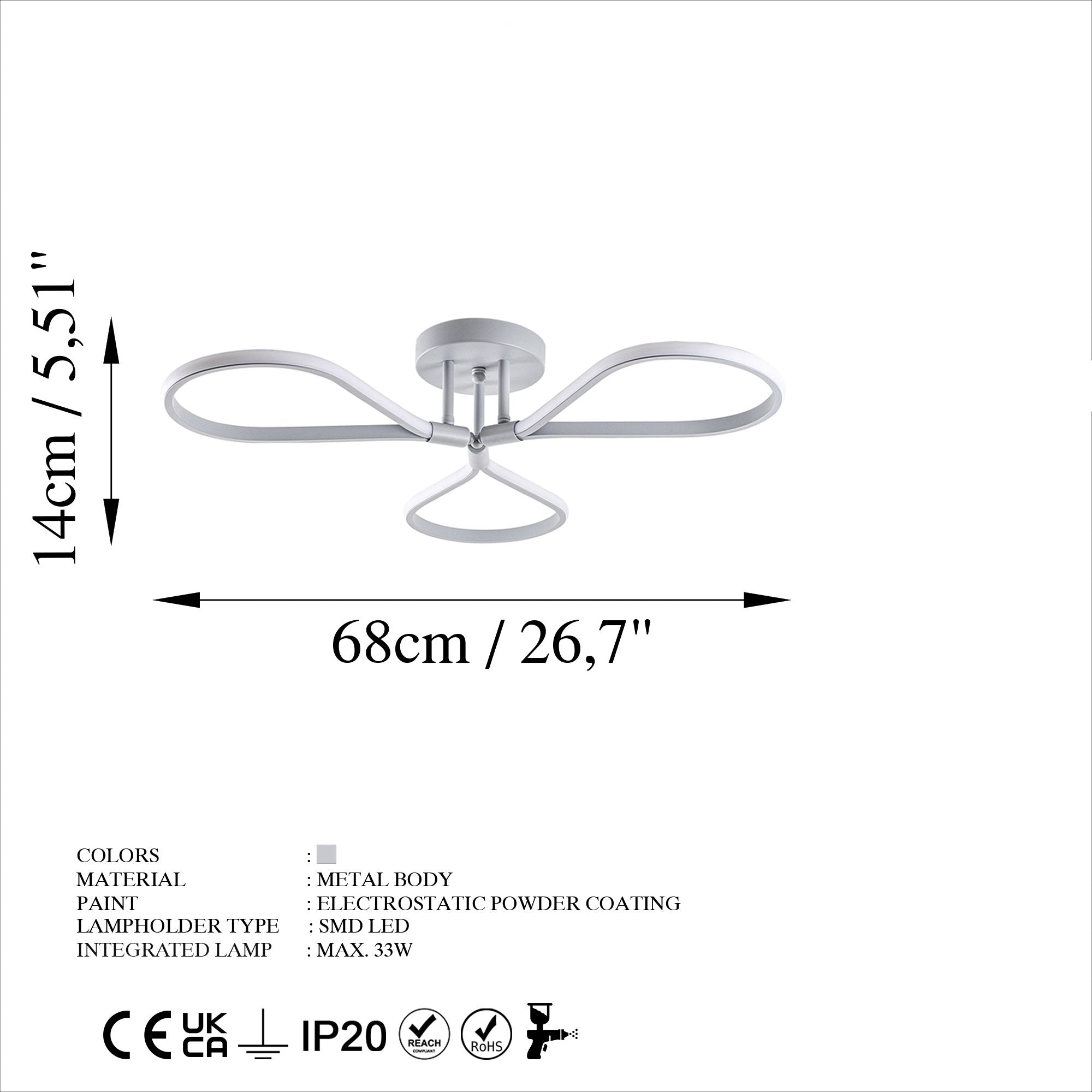 Candeeiro de Teto Cinza Elegante, Corpo de Metal, 68 cm de Largura, 14 cm de Altura | LED SMD 3 x 11W 3000K | Iluminação Elegante para Decoração Moderna