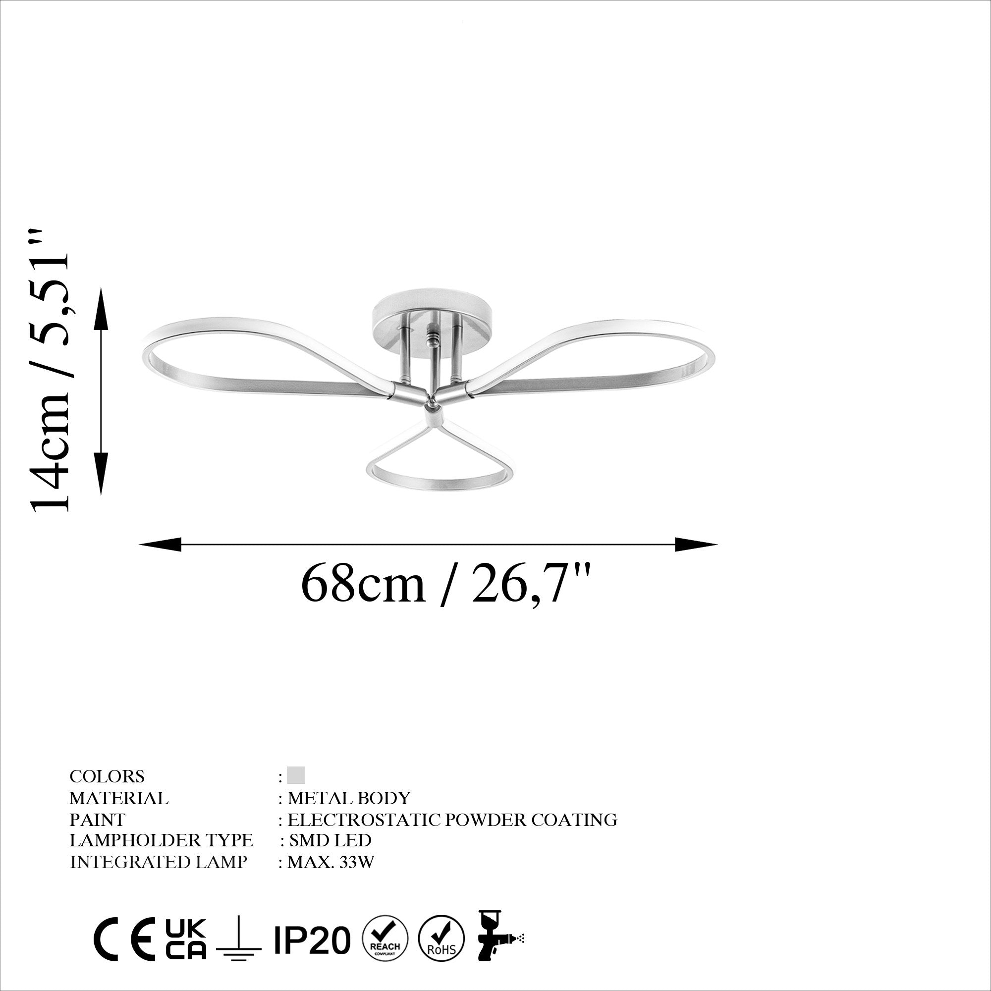 Candeeiro de Teto Cromado Elegante, Corpo em Metal, 68 x 14 x 68 cm | LED SMD 3 x 11 W 3000 K | Iluminação Elegante para Decoração e Ambiente Modernos