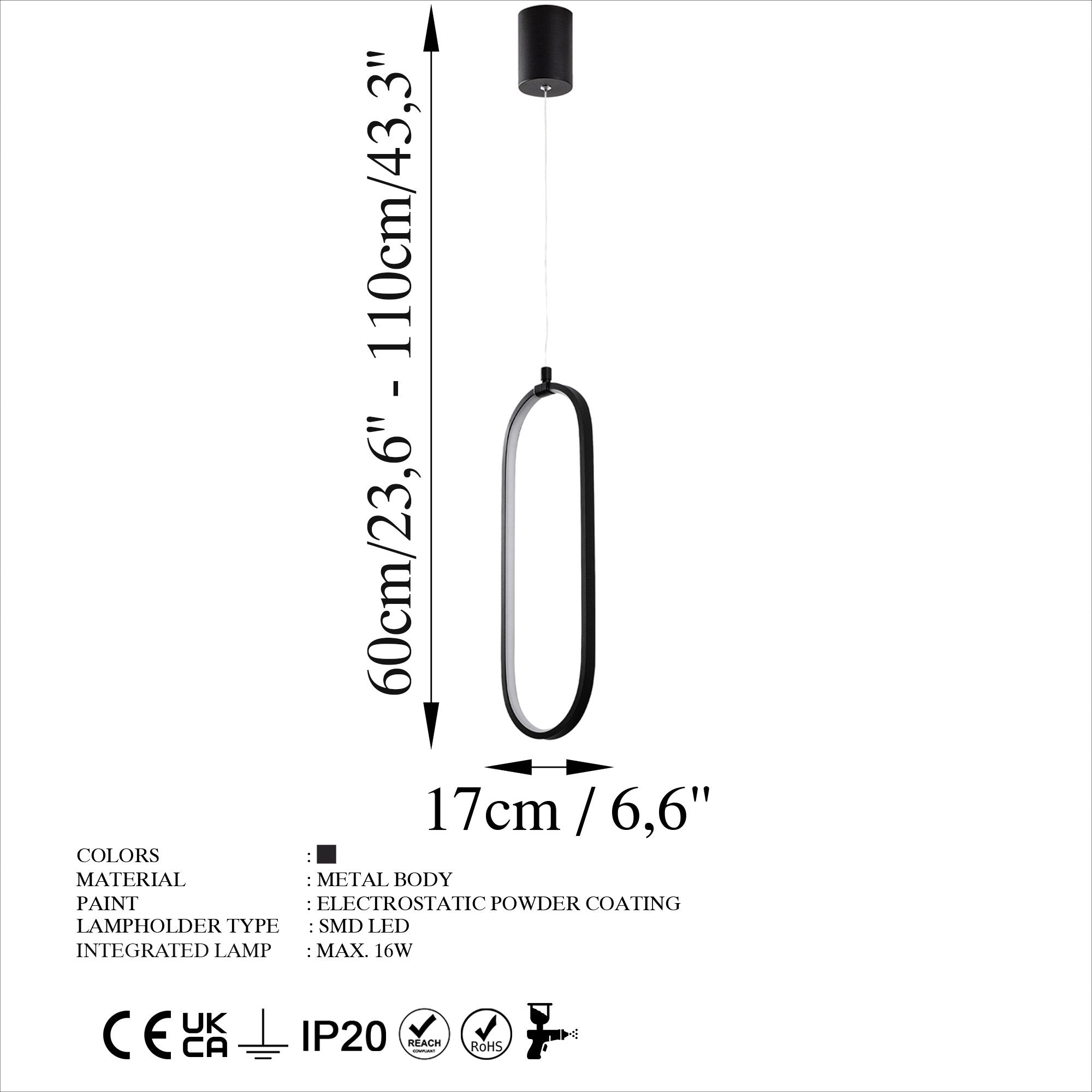 Candeeiro de Teto Preto Elegante, Corpo em Metal, Altura Ajustável 60-110 cm, Largura 17 cm, LED 16W 3000K | Iluminação Moderna para Decoração de Casa e Escritório