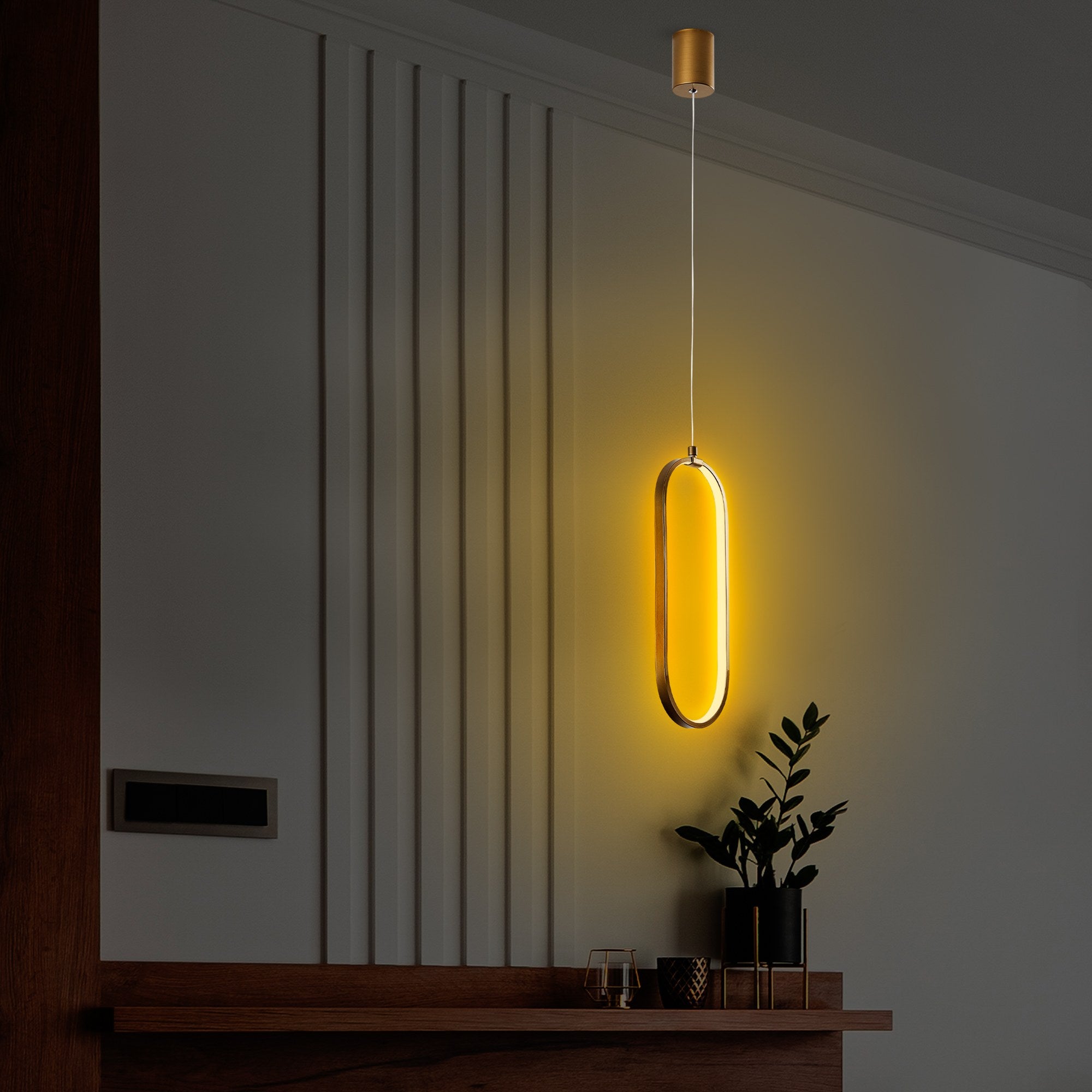 Candeeiro de Teto elegante de ouro, corpo de metal, altura ajustável de 60 a 110 cm, largura de 17 cm, LED de 16 W e 3000 K, perfeito para salas de estar e jantar modernas
