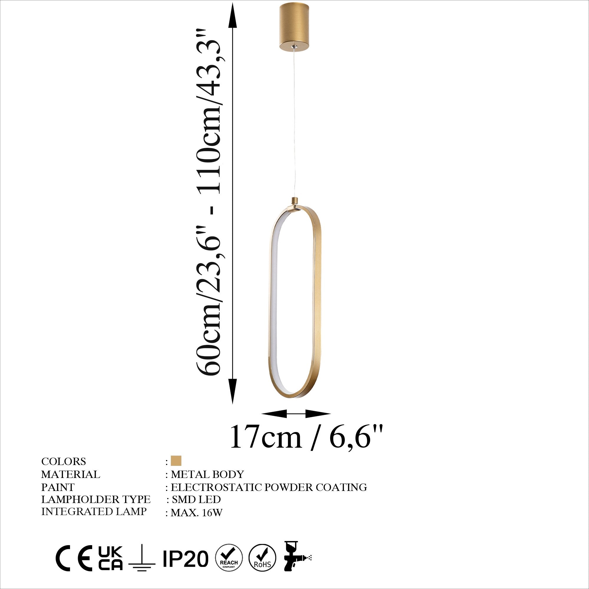 Candeeiro de Teto elegante de ouro, corpo de metal, altura ajustável de 60 a 110 cm, largura de 17 cm, LED de 16 W e 3000 K, perfeito para salas de estar e jantar modernas
