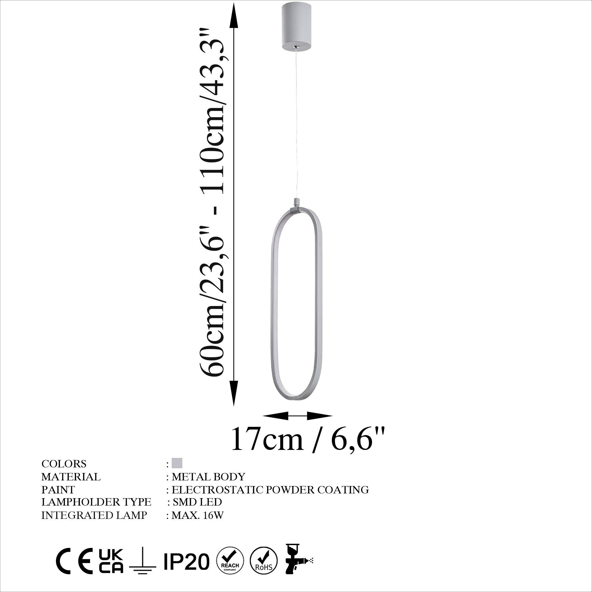 Candeeiro de Teto cinza elegante, corpo de metal, altura ajustável de 60 a 110 cm, largura de 17 cm, LED 16 W 3000 K, iluminação elegante para decoração moderna de casa