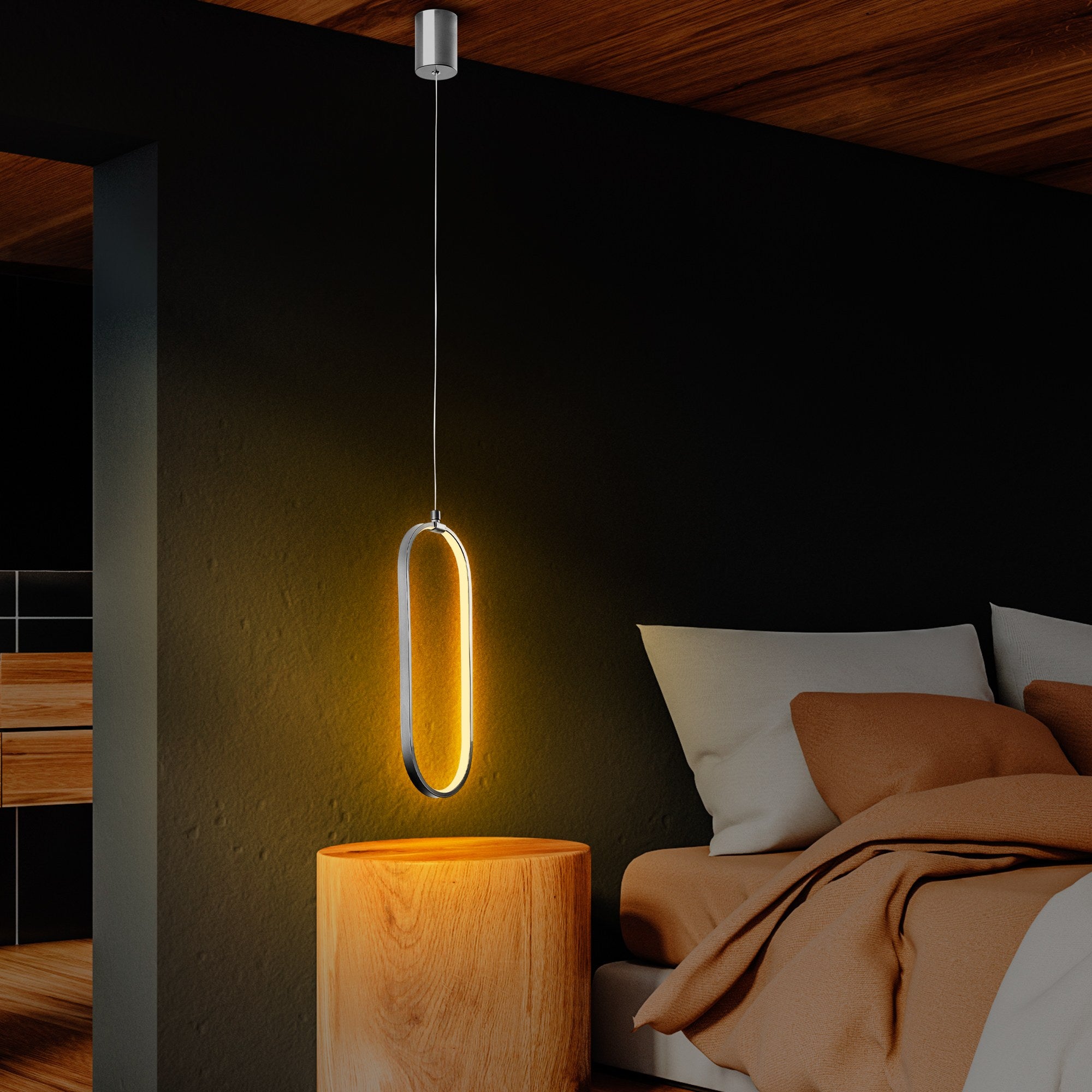 Candeeiro de Teto elegante cromado, corpo de metal, altura ajustável de 60 a 110 cm, largura de 17 cm, LED 16 W 3000 K, iluminação elegante para decoração moderna de casa