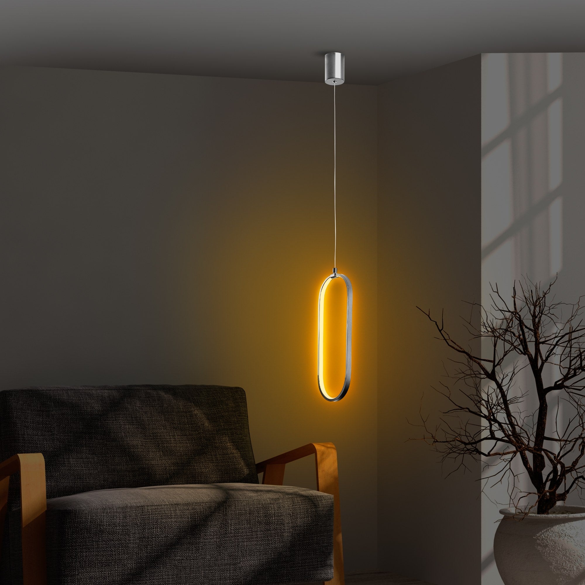 Candeeiro de Teto elegante cromado, corpo de metal, altura ajustável de 60 a 110 cm, largura de 17 cm, LED 16 W 3000 K, iluminação elegante para decoração moderna de casa